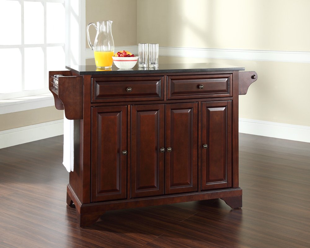 Crosley Lafayette Granite Top Rolling Kitchen Island Cart with Storage - Microwave Stand & Spice Rack - Mahogany Finish - Perfect for Small Kitchens, Pantry Organization & Extra Counter Space