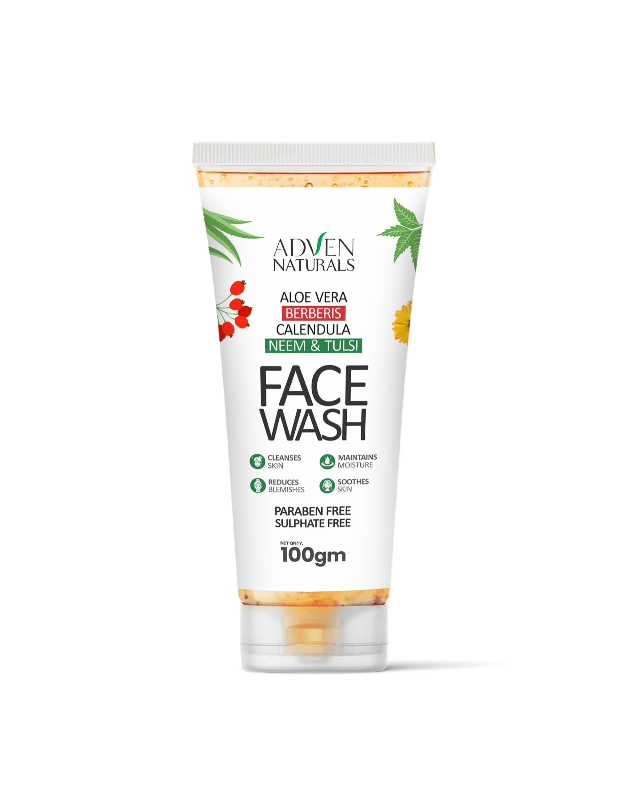 ADVEN NATURALS Face Wash with Aloe Vera, Berberis, Calendula, Neem & Tulsi - Paraben & Sulfate Free - Pack of 2 (100GMx2) - Gentle Cleansing for Acne-Prone & Sensitive Skin - Daily Skincare Routine