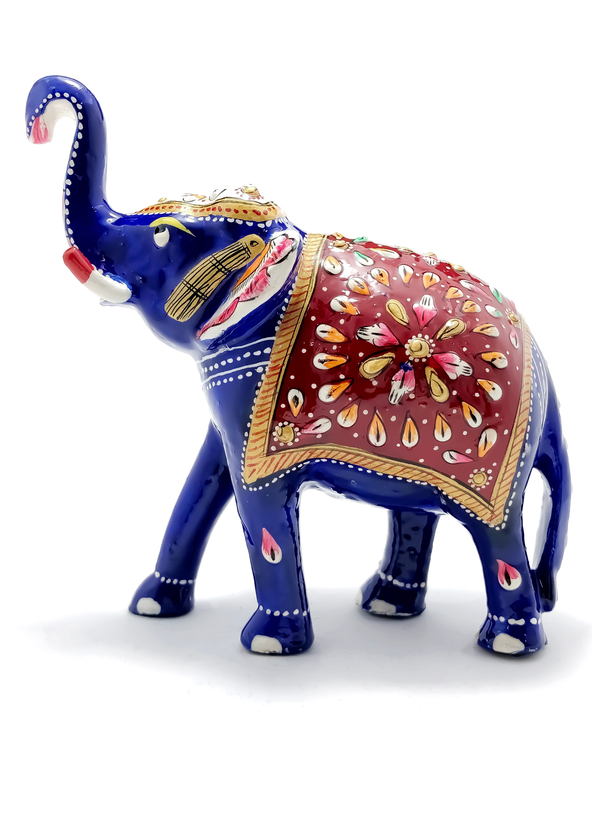 Blue & Red Metal Elephant Decorative Statue - Hand-Painted Trunk Up Lucky Charm for Home & Office Decor (D110) | Perfect for Feng Shui, Gifts & Indian Wedding Decorations