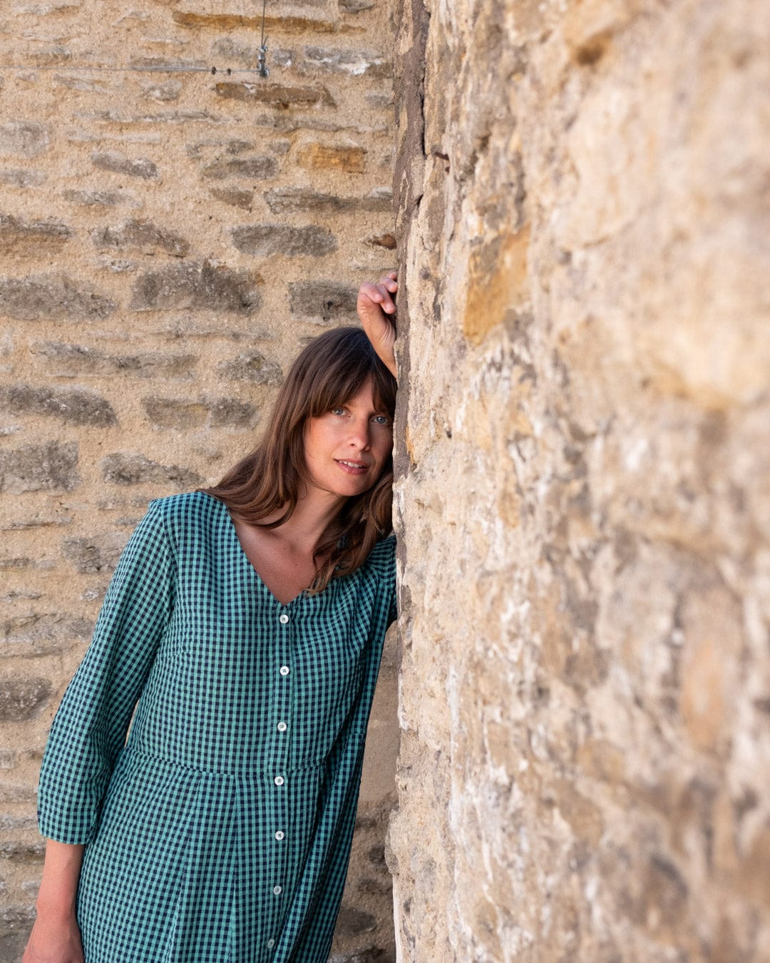 Jane Women's Cotton Midi Dress - Duck Egg Gingham Checkered Summer Dress for Casual Wear, Picnic & Beach Outings