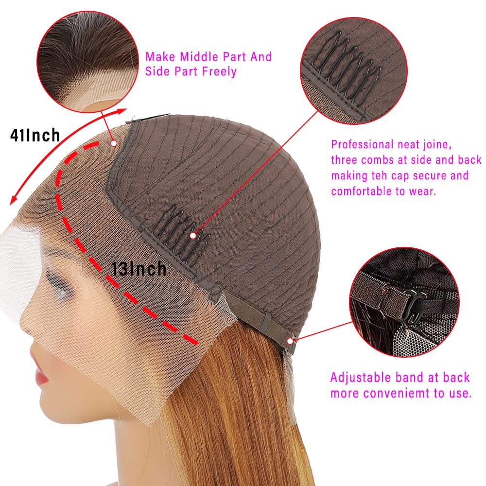 13x4 Highlight Straight 4/27 Ombre HD Transparent Lace Front Wig - 200% Density Brazilian Human Hair with Baby Hair for Black Women (24inch, 4/27-Straight) | Pre-Plucked Natural Look for Daily Wear, Parties & Special Occasions