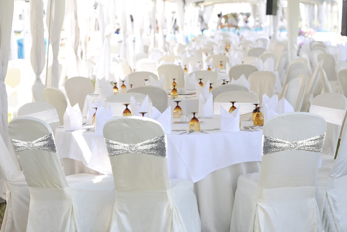100PCS Silver Sequin Chair Sashes - One-Sided Glittering Chair Covers for Wedding, Reception, Party & Hotel Events | Stretchable Chair Bands for Elegant Table Decorations