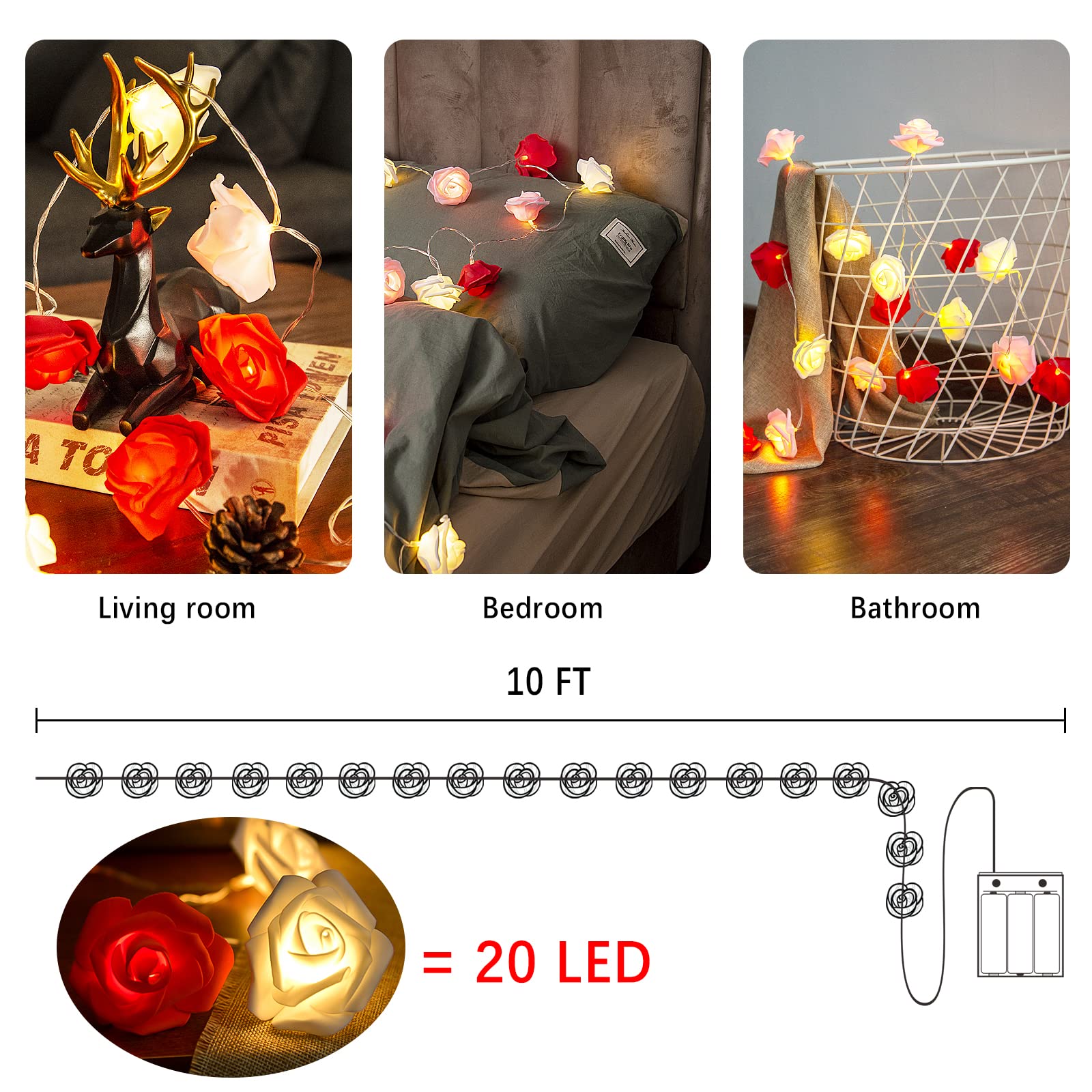 LOLStar 10ft Red White Pink Rose LED String Lights - Battery Operated Valentine's Day Decor for Wedding, Anniversary, Engagement - Romantic Bedroom, Living Room, Party Decorations - Perfect for Home, Garden, and Special Occasions