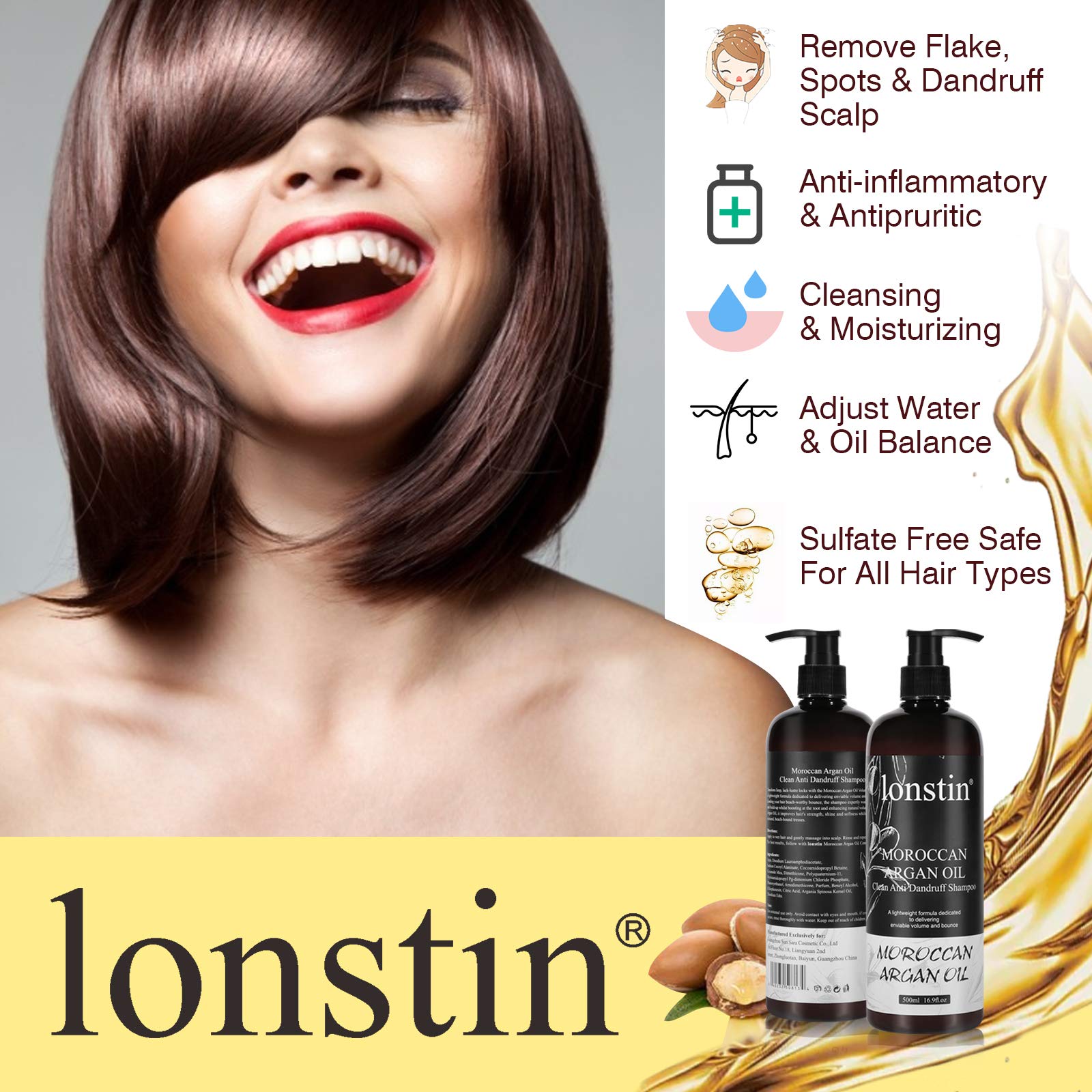 Lonstin Anti-Dandruff Shampoo with Moroccan Argan Oil - Sulfate-Free Hair Treatment for Dry, Itchy Scalp - Men & Women (500ml) - Perfect for Daily Scalp Care & Dandruff Relief