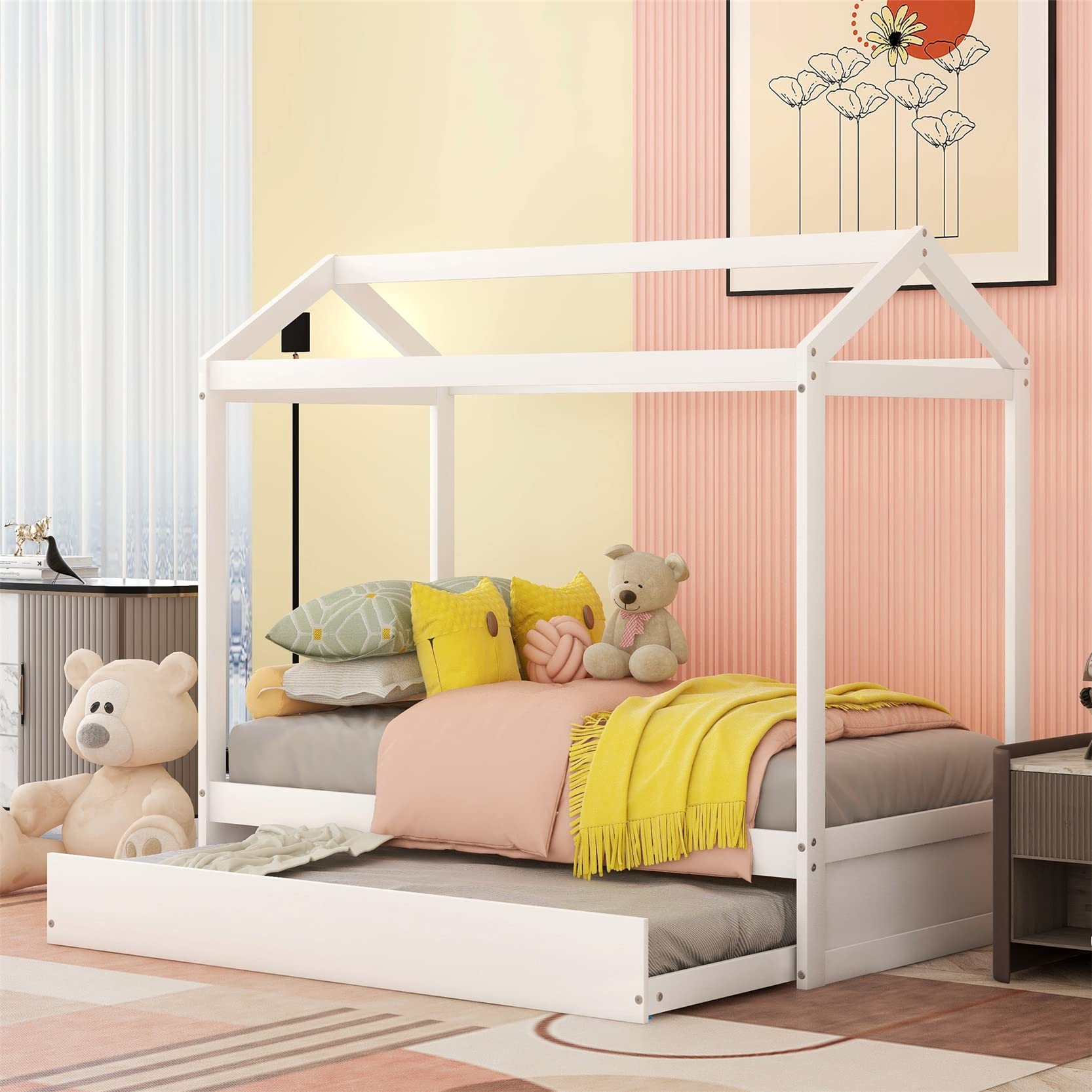 Harper & Bright Designs Twin Size House Bed Frame with Trundle - Kids Daybed with Roof Design, No Box Spring Needed - Perfect for Bedrooms, Playrooms & Sleepovers