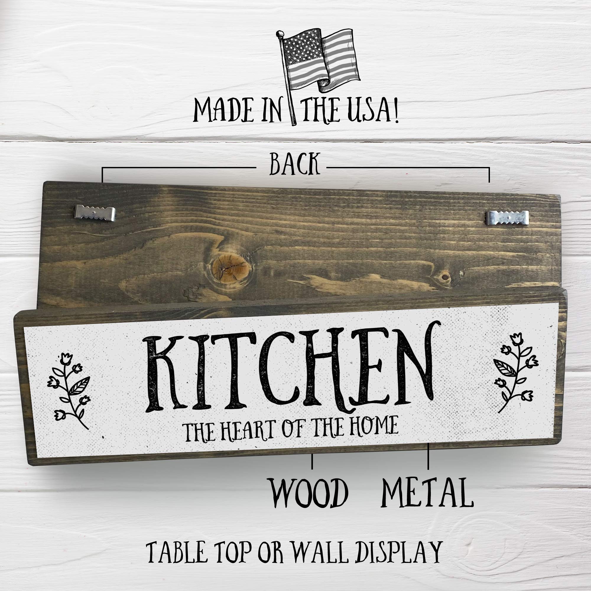 Kitchen Wood Signs - Medium Size Wood & Metal Wall Decor - 'Kitchen The Heart Of The Home' - Perfect for Farmhouse, Rustic & Modern Kitchens