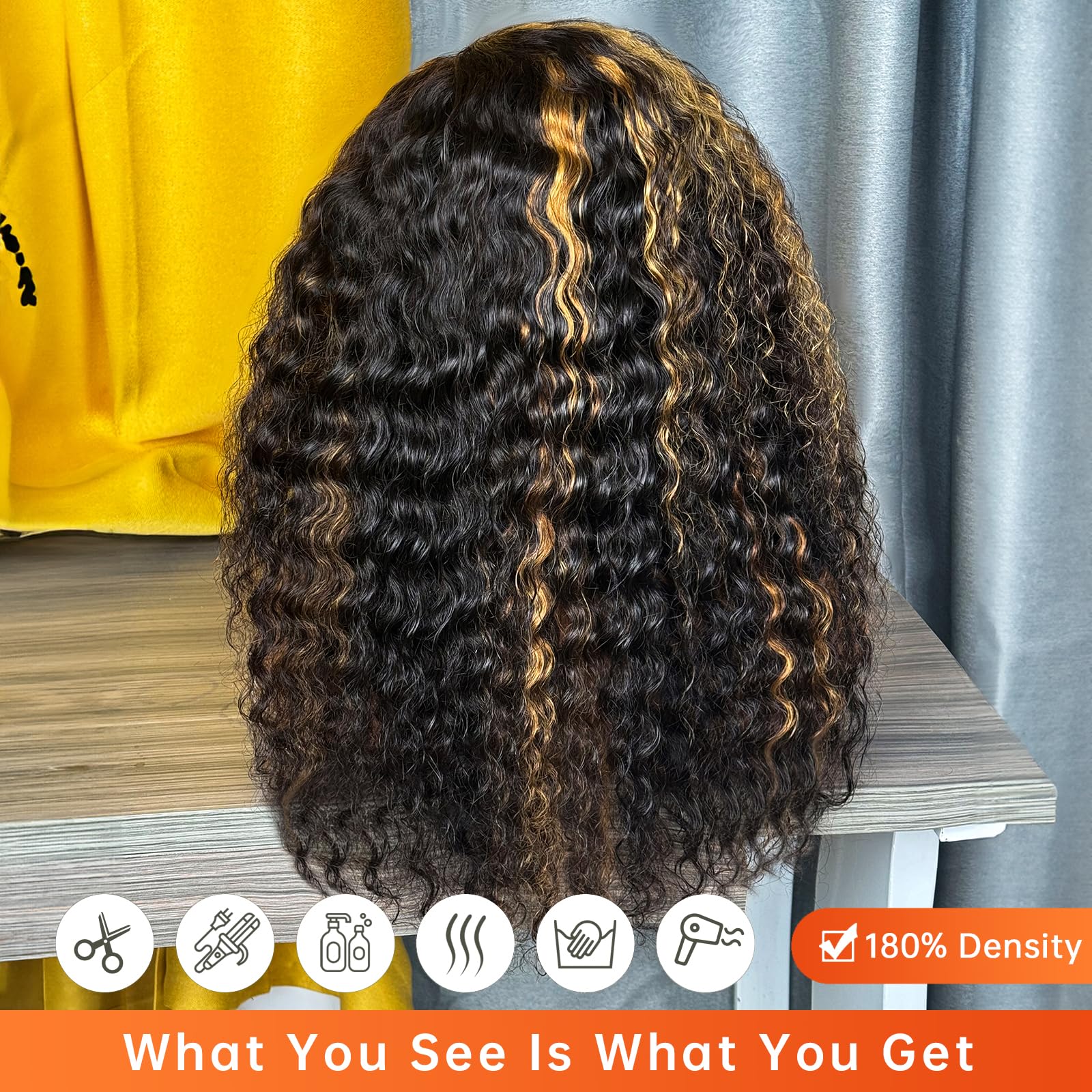 MEGALOOK 24 Inch Ombre Highlight Human Hair Lace Front Wig - Pre Plucked with Baby Hair, 13x4 Deep Wave Lace, 180% Density, Curly Wet & Wavy (FB30# Color) - Perfect for Cosplay, Daily Wear & Special Occasions