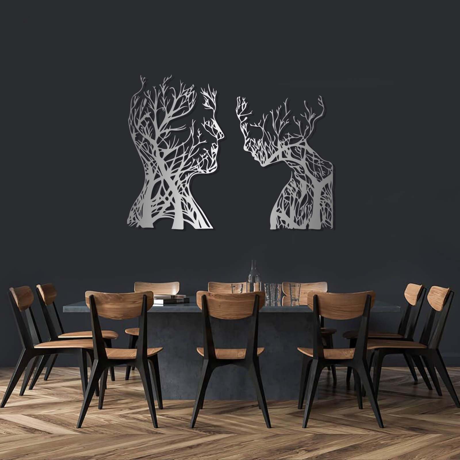 Abstract Face Metal Tree Wall Art - Modern Silver Wall Decor for Living Room, Bedroom & Office - Handcrafted Tree Branch Artwork (24