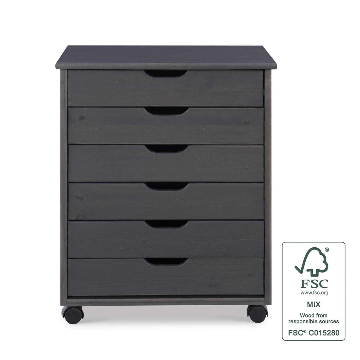 Linon Cary Grey Six Drawer Wide Rolling Storage Cart - Mobile Organizer for Office, Craft Room, or Bedroom Storage