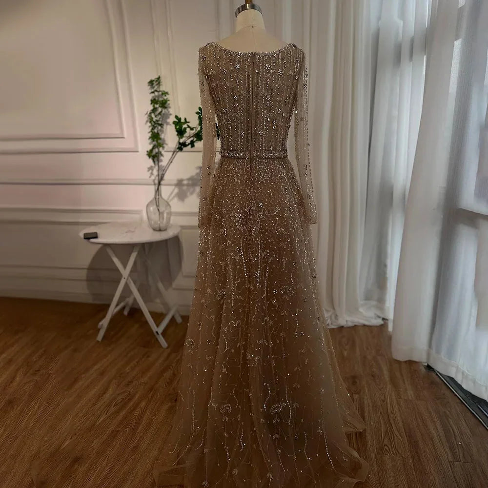 Luxury Dubai Arabic Designer Beaded A-Line Evening Gown for Women - Elegant Nude Wedding & Party Dress LA72088 | Perfect for Formal Events, Galas & Special Occasions