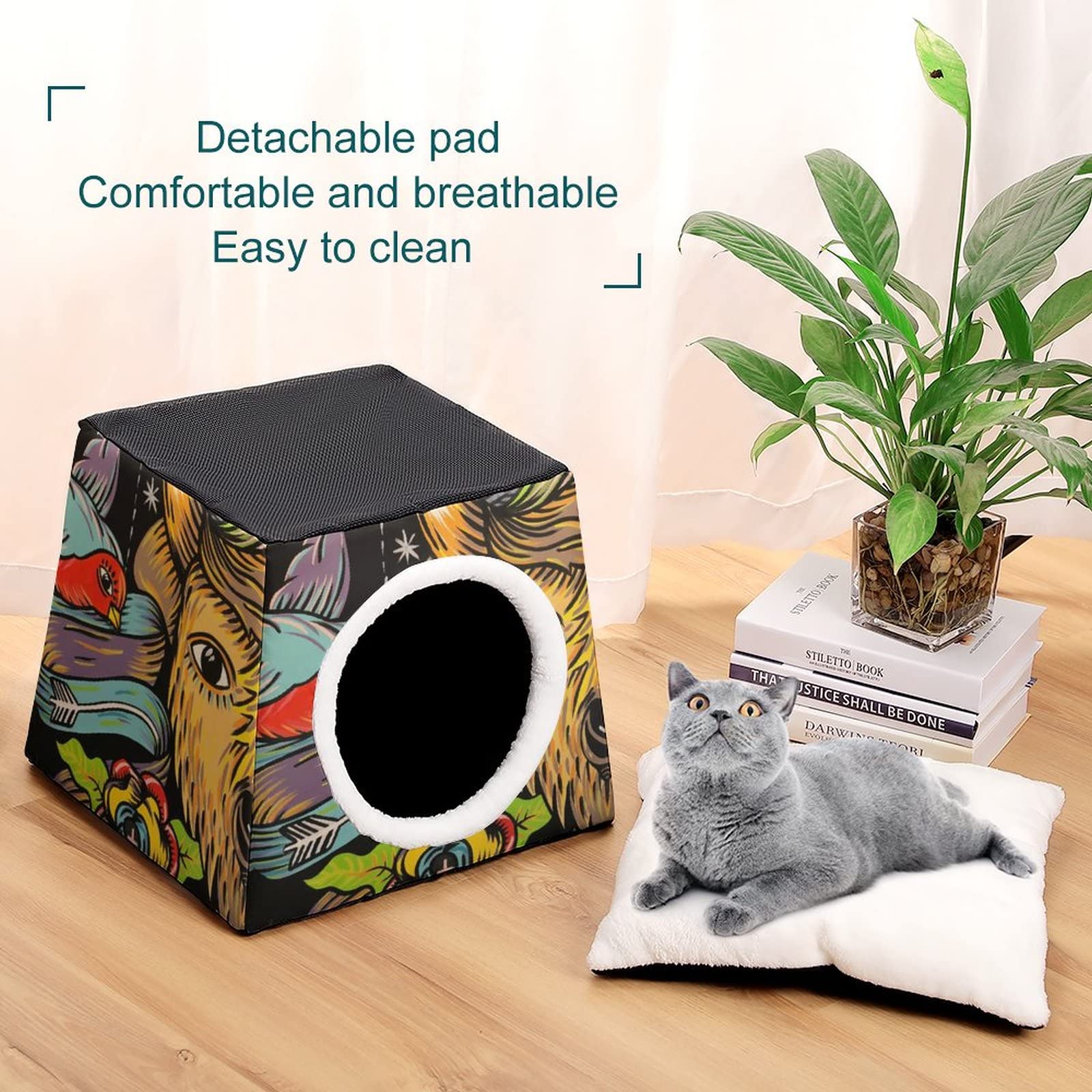 3-in-1 Multi-Functional Cat House with Bed & Sofa - Printed Cat Cube for Indoor/Outdoor Use - Cozy Kitty Shelter for Pets - Perfect for Living Room, Patio or Garden