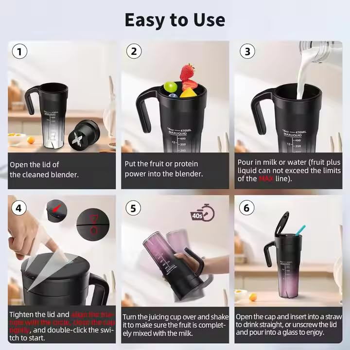 Portable USB Rechargeable Personal Blender - 16oz Cordless Smoothie Maker for Gym, Travel & On-the-Go | Single Serve Protein Shaker Cup | Perfect for Smoothies, Shakes & Meal Prep | BPA-Free & Lightweight Design