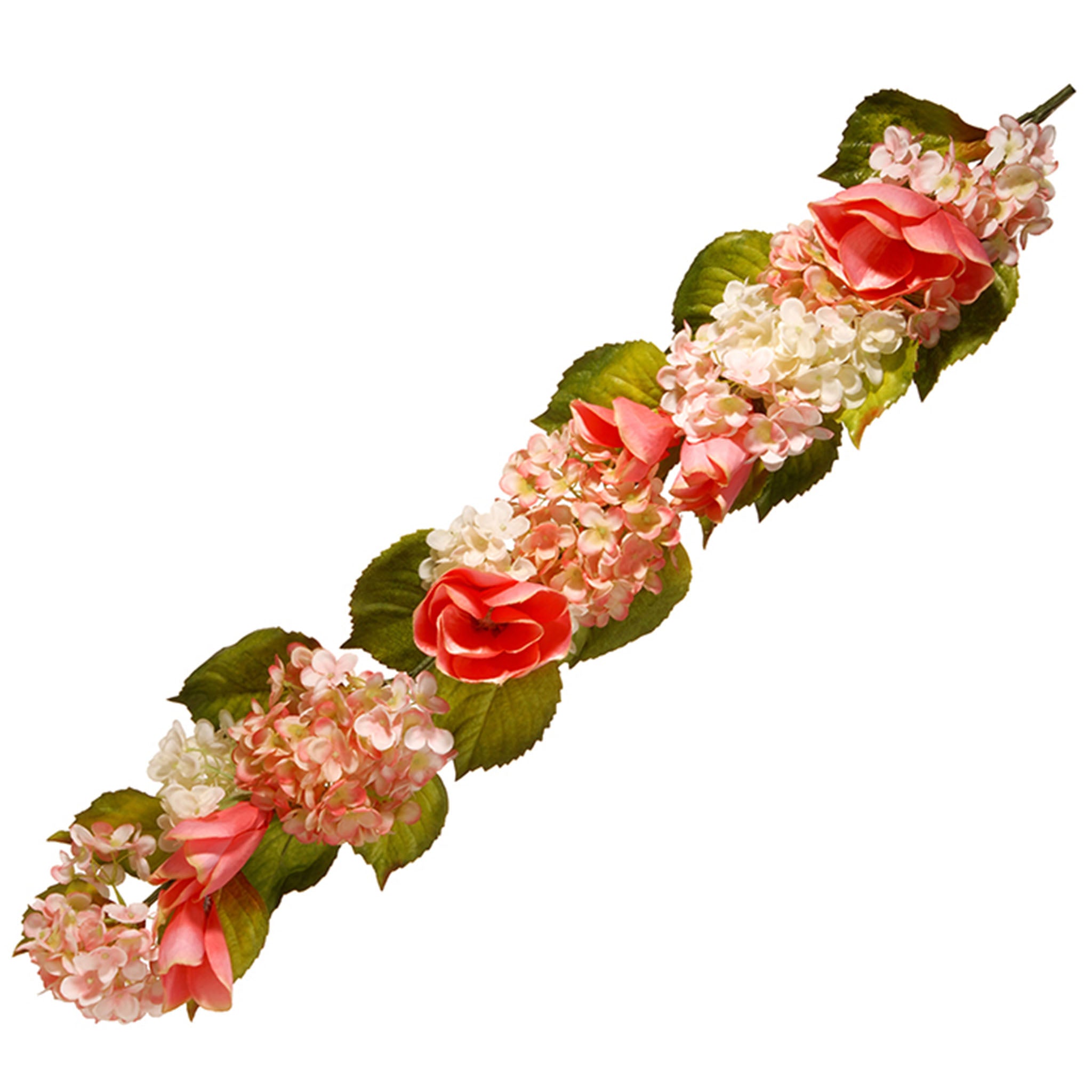 4 ft. Spring Floral Garland with White Hydrangea & Pink Roses - Artificial Flower Vine for Wedding Decor, Party Backdrop, Home & Garden Decoration