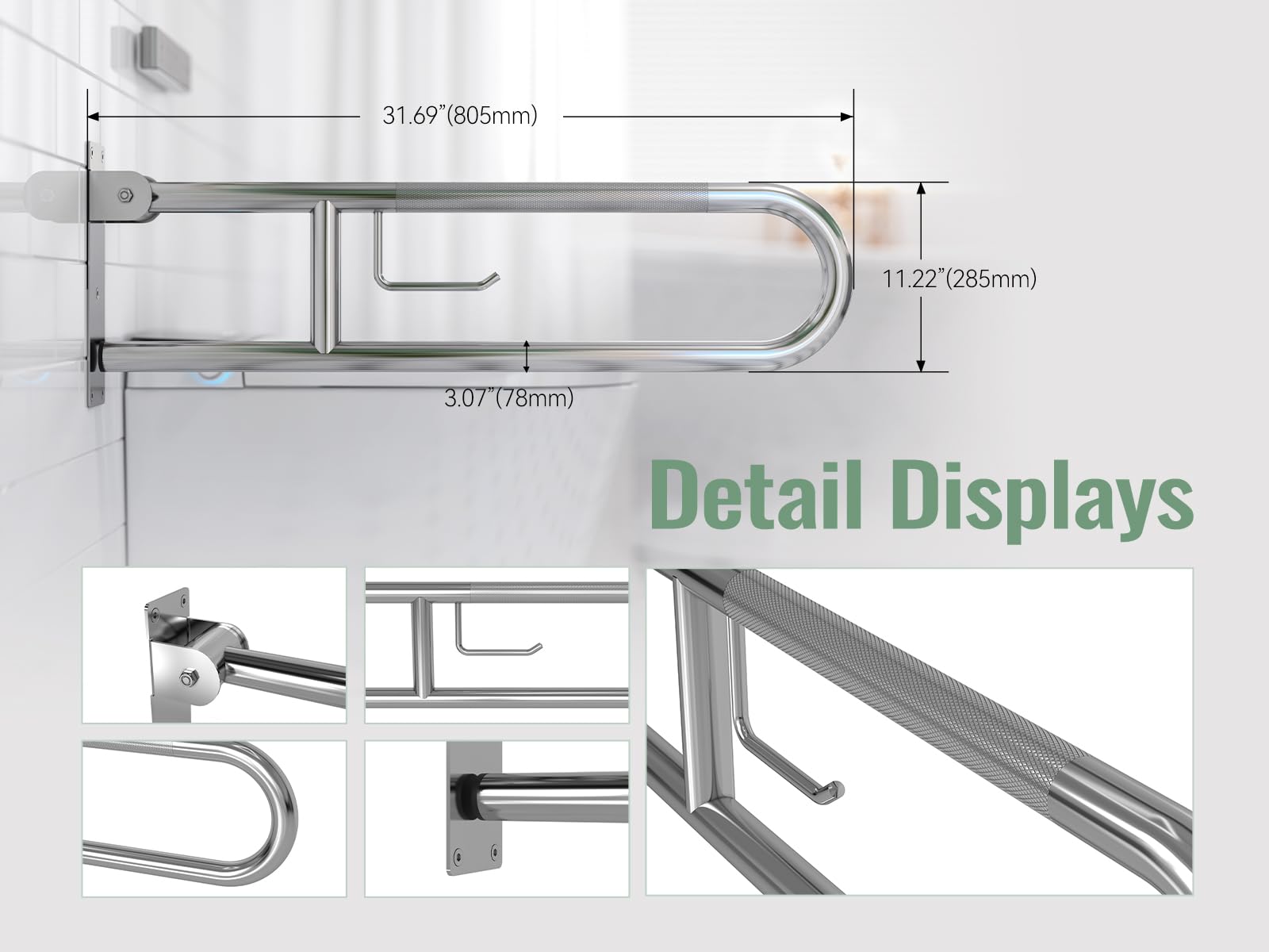 MEJE 31.5 Inch Stainless Steel U-Shaped Toilet Grab Bar - Anti-Slip Flip-Up Bathroom Safety Rail with Paper Holder for Elderly, Disabled & Pregnant - Shower Assist Aid for Bathroom Safety & Accessibility