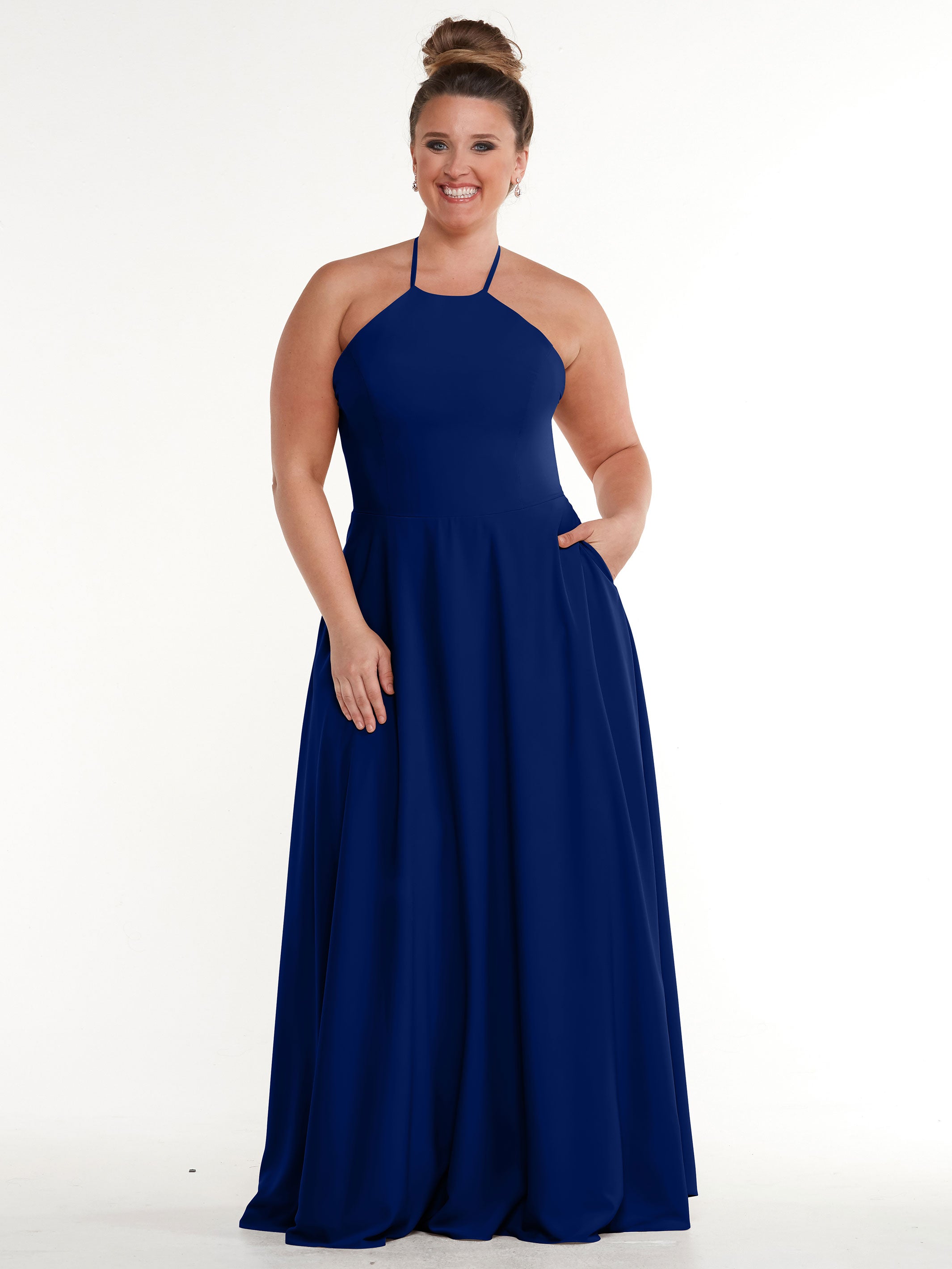 Elegant 83022 Stretch Chiffon Halter A-Line Bridesmaid Dress with Pockets - Perfect for Weddings, Formal Events & Special Occasions