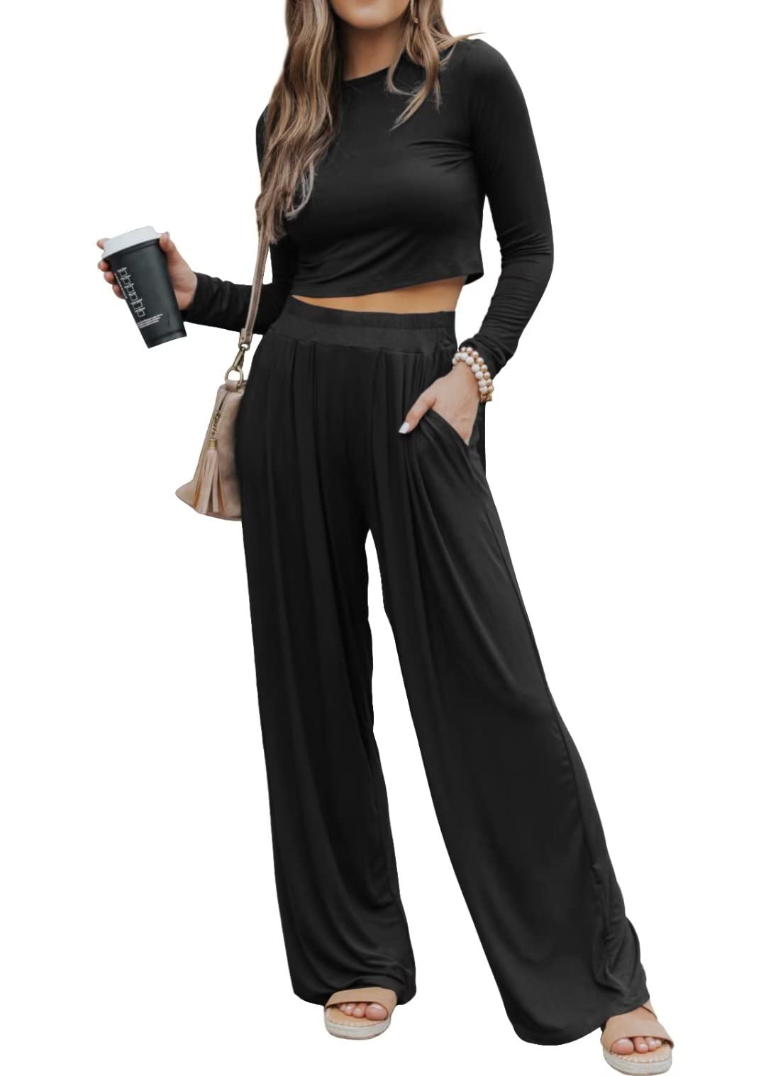 Ezbelle Women's Fall Fashion Lounge Sets - Cozy Cropped Pullover Pajama Two-Piece Outfit for Casual Loungewear | Perfect for Relaxing at Home, Lounging & Sleepwear