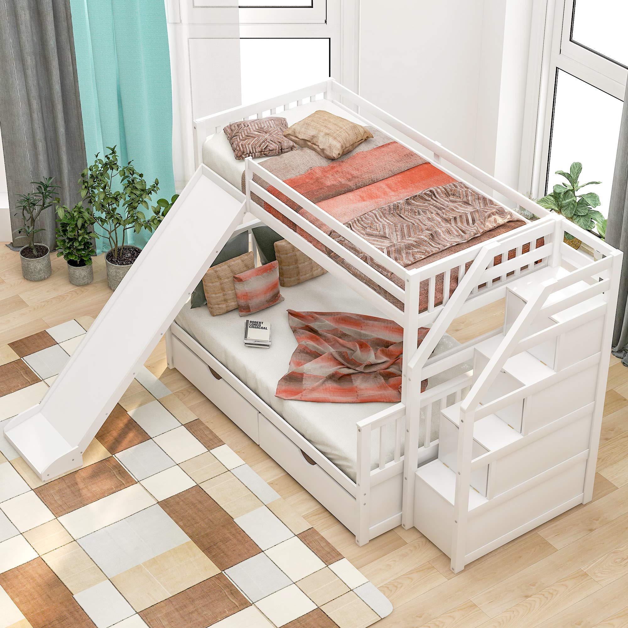 Twin Over Full Bunk Bed with Stairs & Storage - Kids & Adults - White