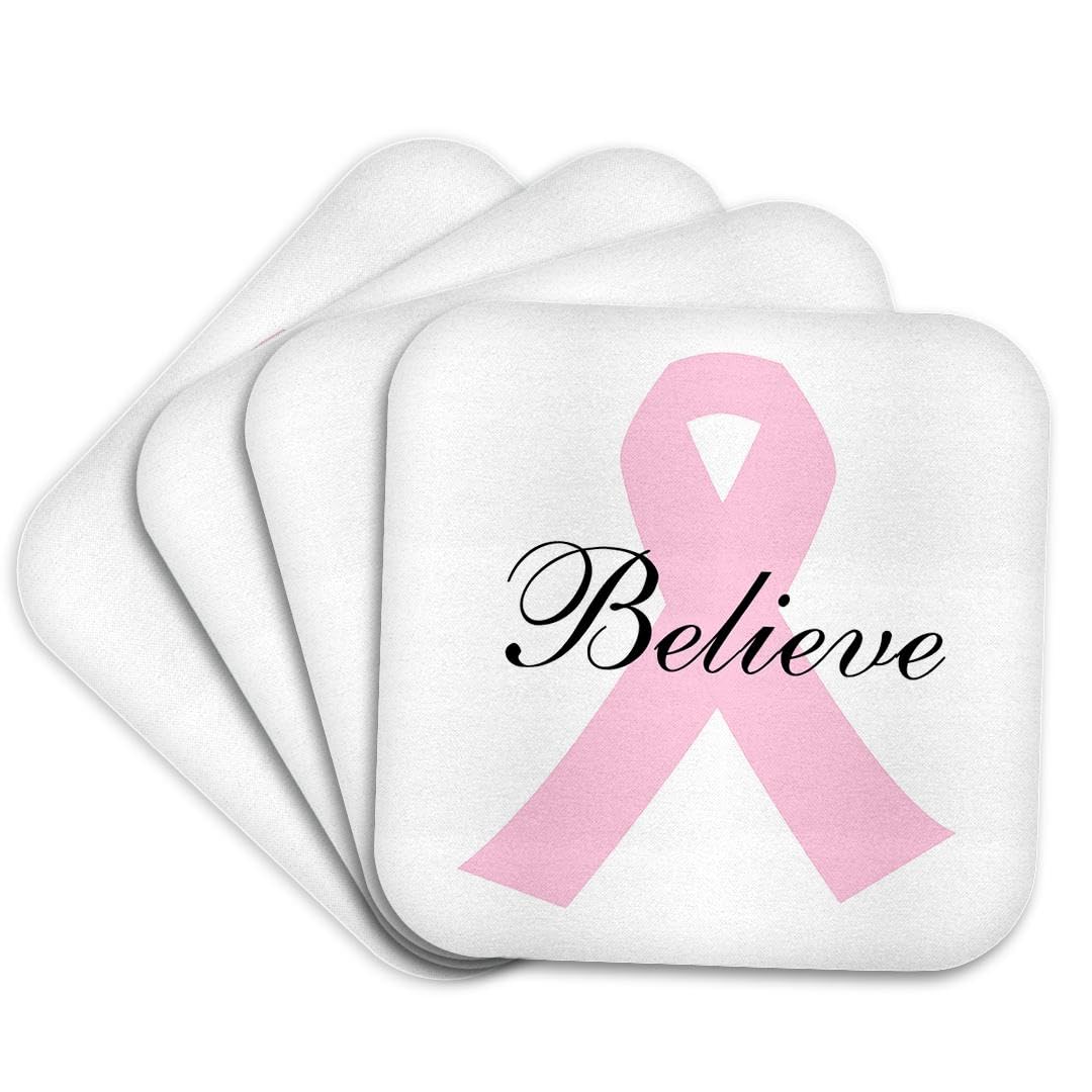 3D Rose Pink Ribbon Believe Soft Coasters Set of 4 - Inspirational Drink Coasters for Coffee Table, Office Desk, and Home Decor