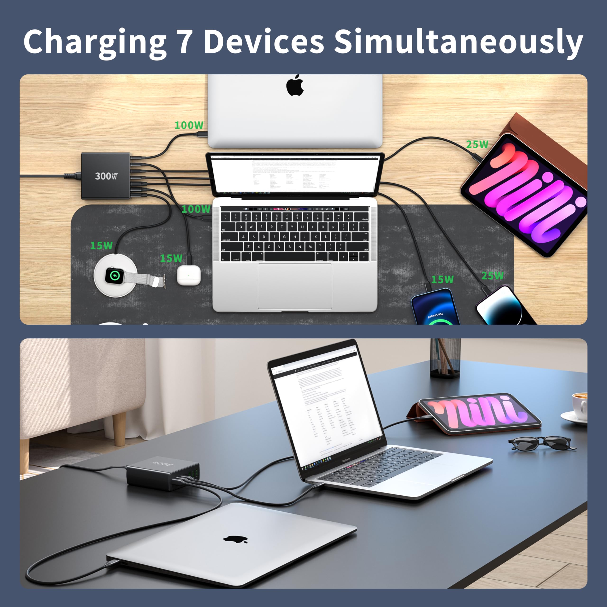 300W 7-Port USB C Fast Charging Station with Dual PD 100W & PPS - Compatible with iPhone 15/14/Pro Max, Galaxy Note23, MacBook Pro/Air, iPad, Dell, HP, Surface Laptops - Compact Power Adapter for Home, Office & Travel (Dark Black)