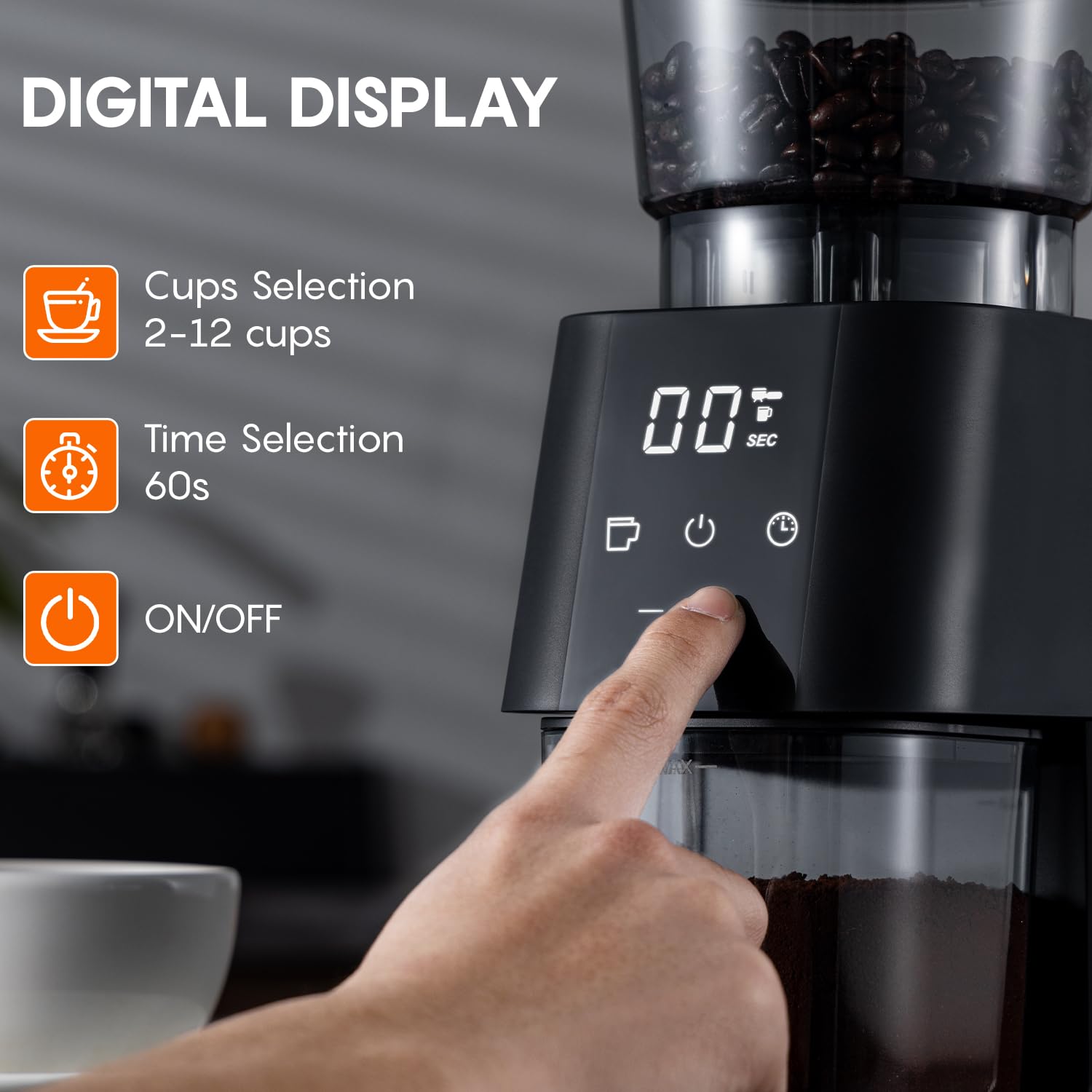 Ollygrin Electric Conical Burr Coffee Grinder - 30 Precise Grind Settings with Digital Timer for Espresso, Drip & French Press (2-12 Cups) | Perfect for Home Baristas & Coffee Enthusiasts