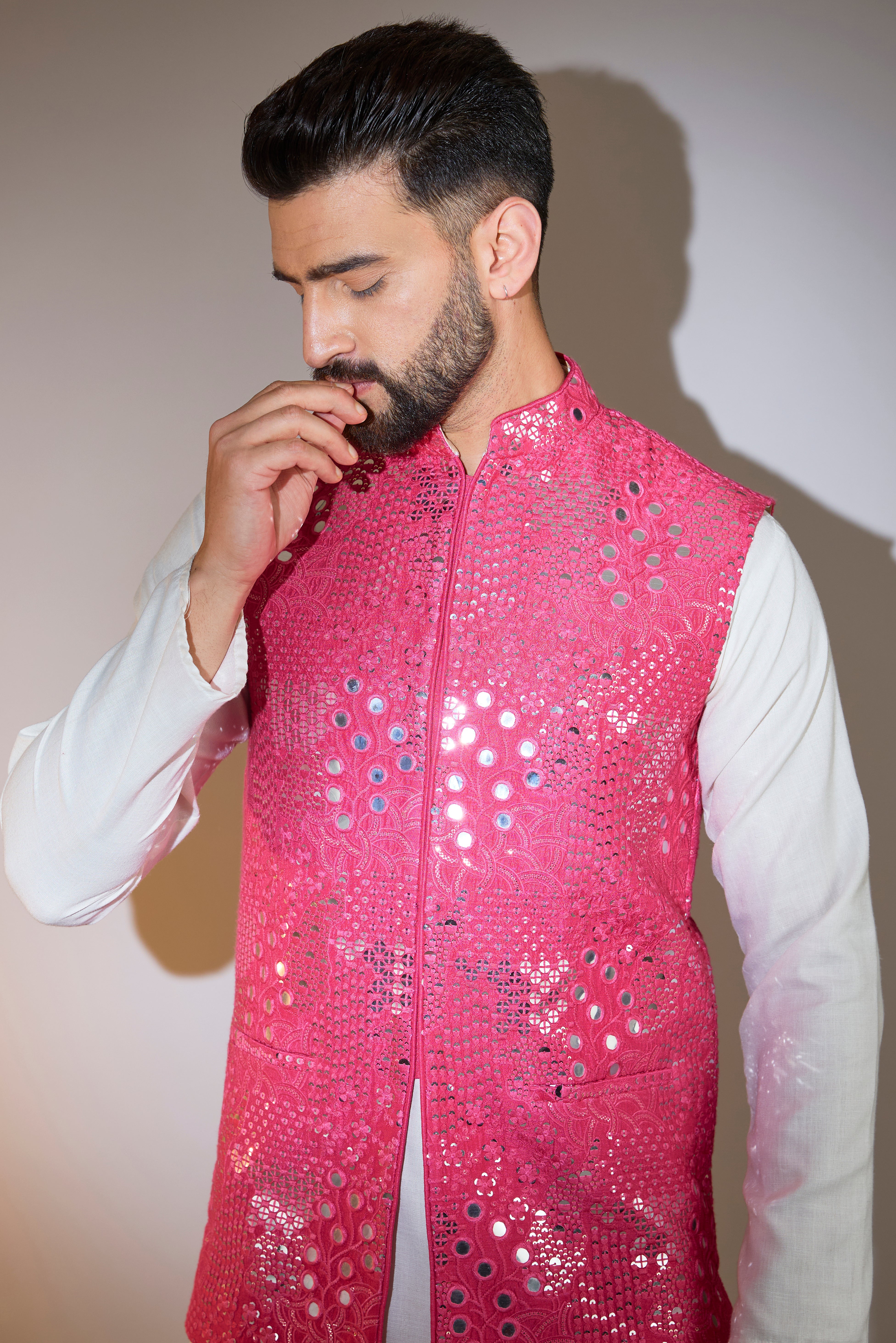 Hot Pink Short Mirror Work Jacket for Women - Stylish & Trendy Outerwear for Parties, Festivals & Night Out