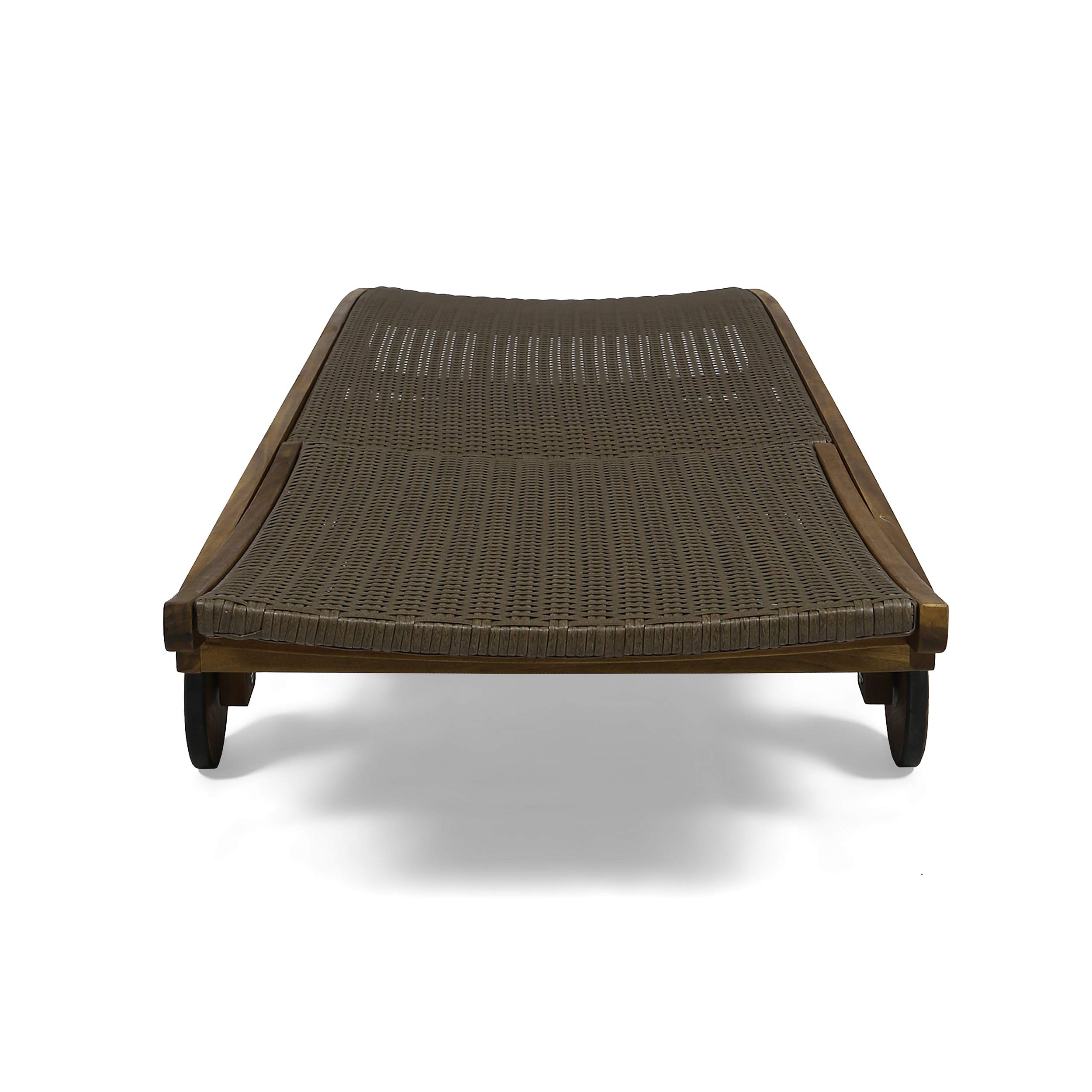 GDFStudio Outdoor Wicker and Wood Chaise Lounge Set of 2 with Pull-Out Tray - Brown Patio Furniture for Poolside, Garden, and Backyard Relaxation