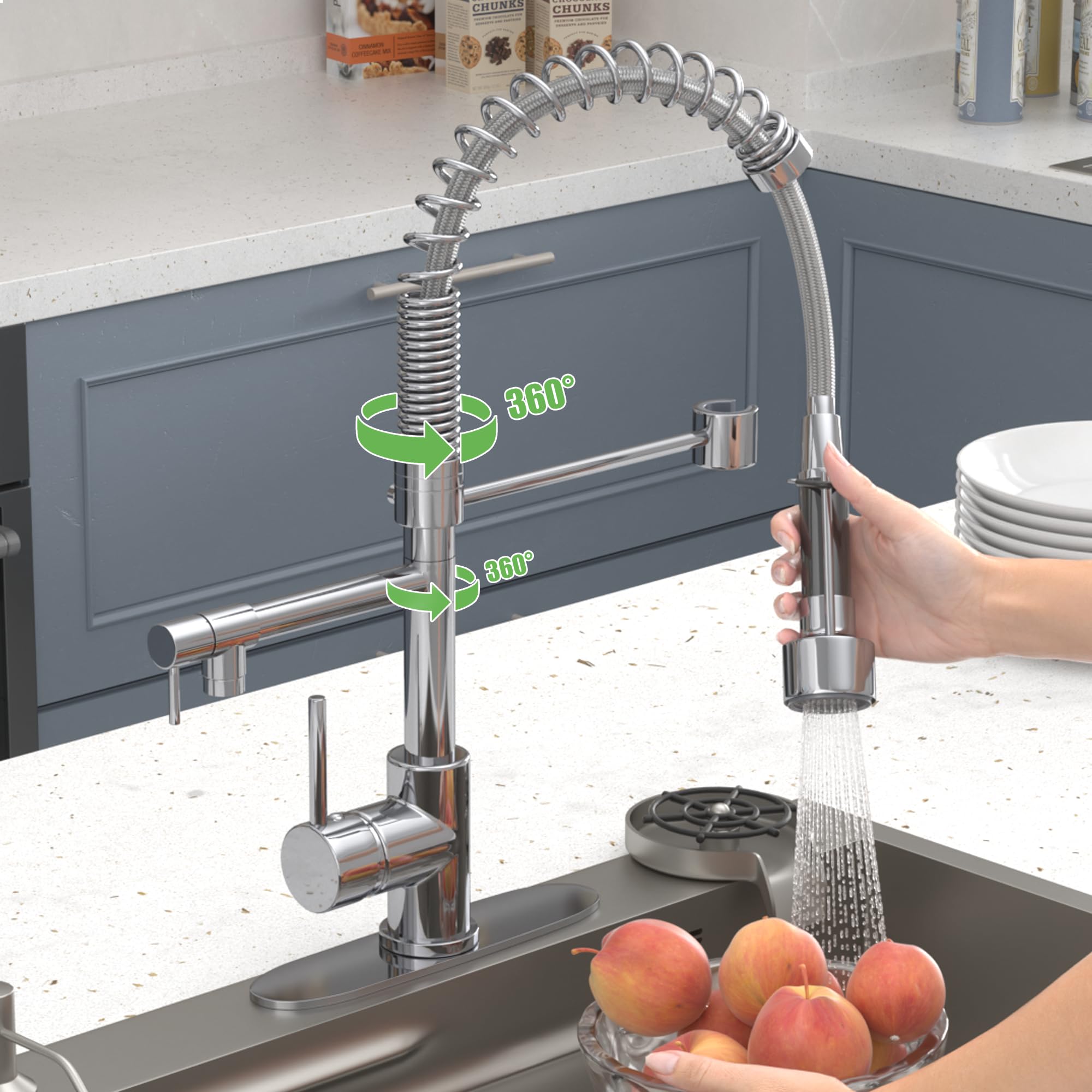 Commercial Grade Pull Down Kitchen Faucet with Sprayer - Single Handle Modern Spring Copper Design for Sink - Chrome Finish - Perfect for Restaurant, Home & Industrial Kitchen Use