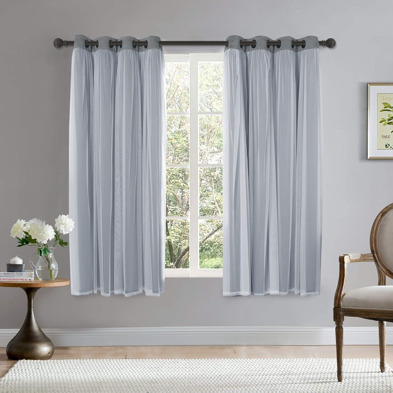 BONZER White Sheer Tulle Overlay Blackout Curtains with Grommet Top - 52x63 Inch Set of 2 Panels - Light Filtering & Room Darkening for Bedroom, Living Room & Nursery - Cloud Grey