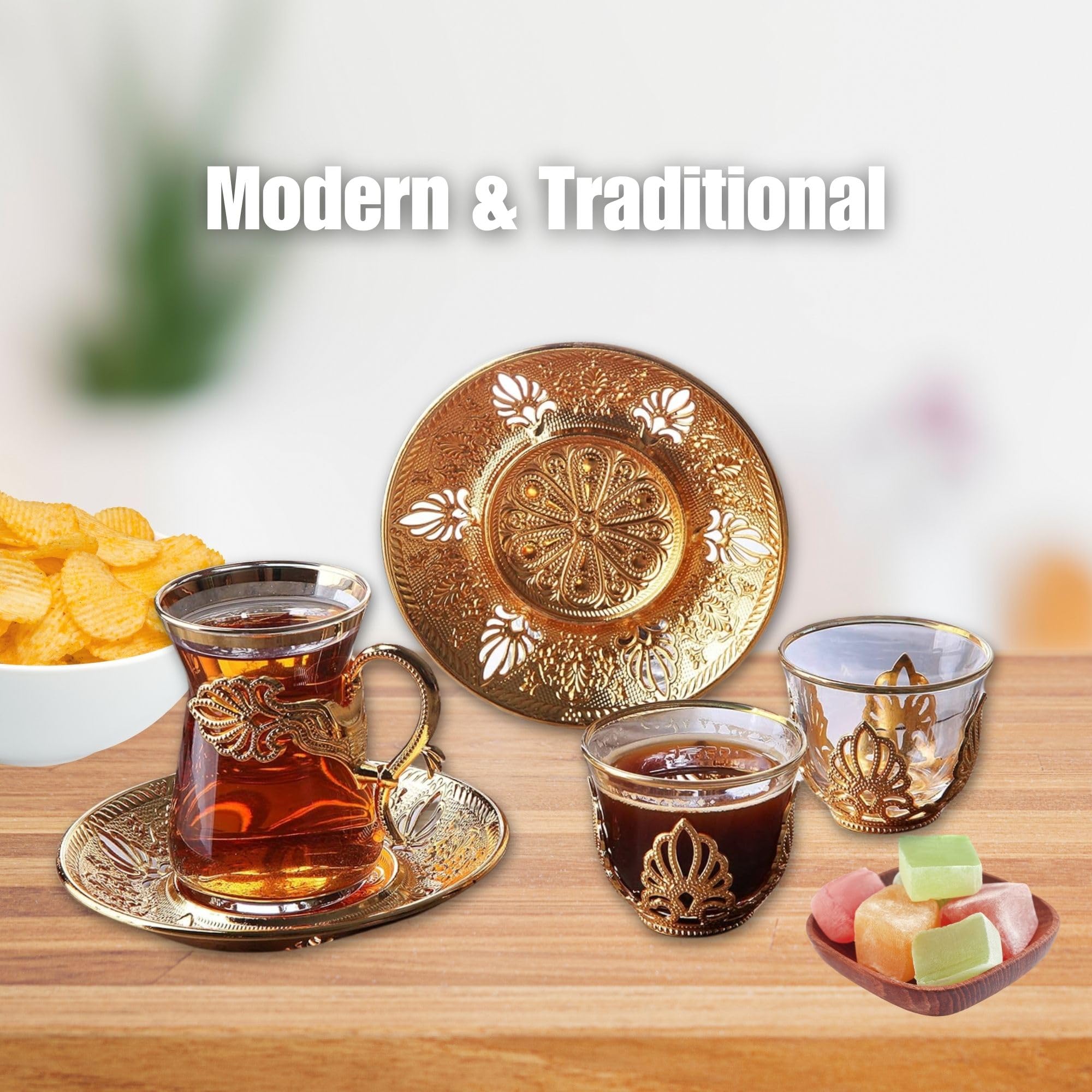 Vintage Handmade Turkish Tea Glasses Set of 6 with Saucers & Holder - Ottoman Style Mırra Cups for Serving Guests, Tea Time & Dinner - Elegant Gold Tableware for Housewarming Gifts & Special Events