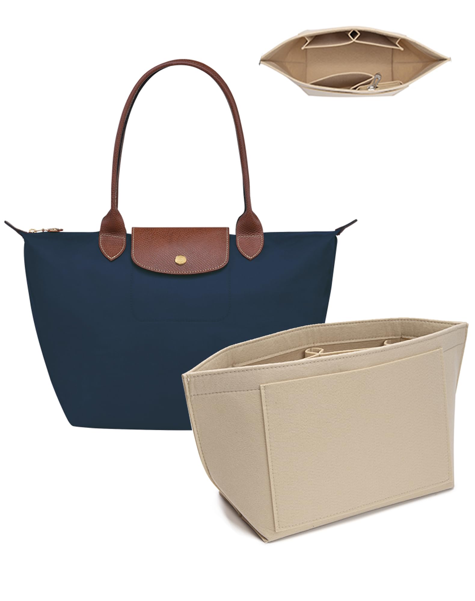 Premium Purse Organizer Insert for Longchamp Le Pliage Tote - Handbag Organizer with Cup Holder - Fits Large/Small LE PLIAGE Totes & Top Handle Bags (Beige, 11