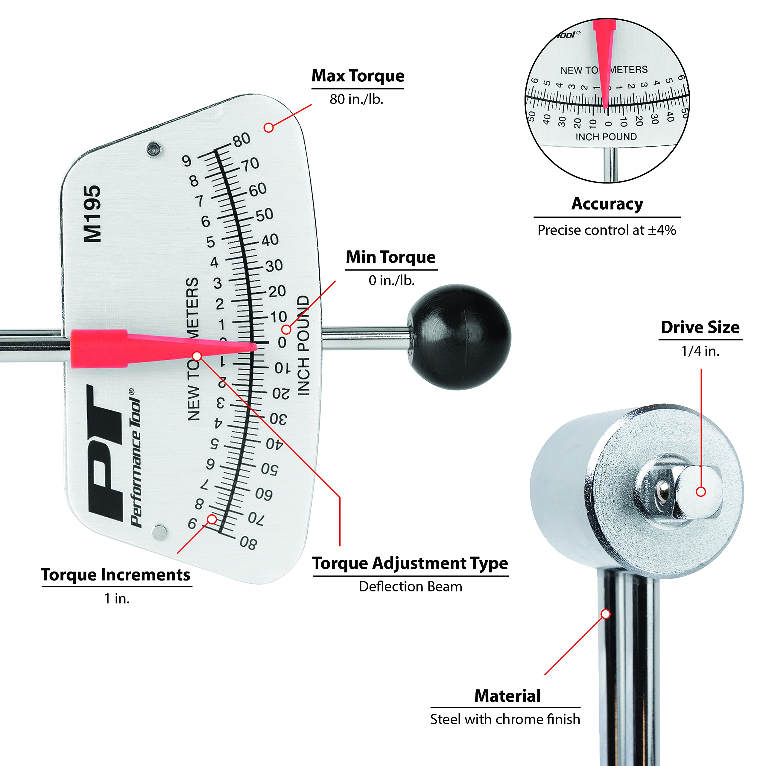 Performance Tool M195 1/4-Inch Drive Torque Beam Wrench - 0-80 Inch/Lbs | Ball Handle Design | Precision Torque Measurement for Automotive, Bicycle & DIY Projects | Ideal for Mechanics & Home Repair