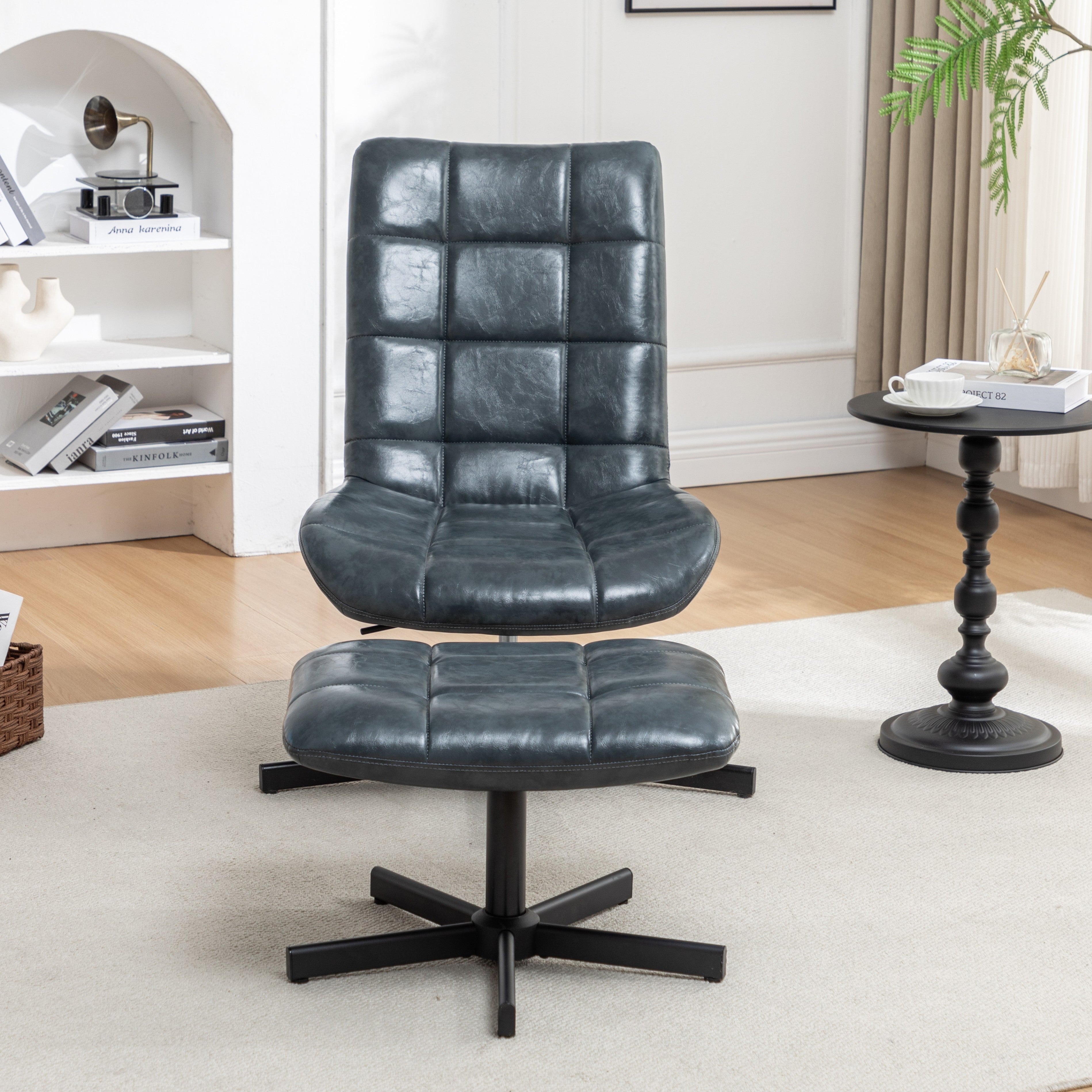 Roundhill Furniture Arlena Faux Leather Tufted Accent Chair with Ottoman Set - Modern Living Room Seating for Home Office, Bedroom or Lounge Area