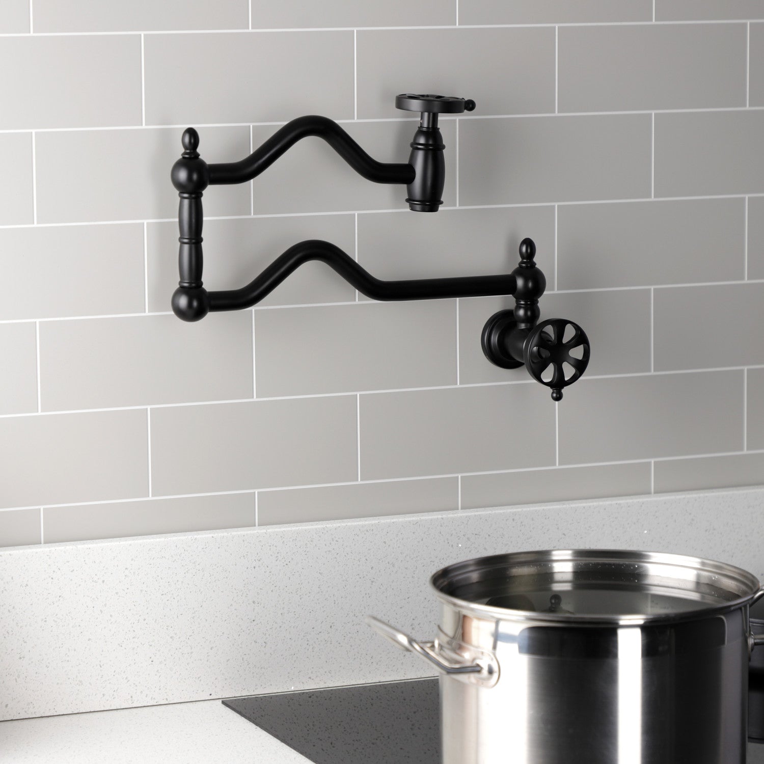 Belknap KS2100RX Matte Black Two Handle Pot Filler Faucet - Wall Mounted Kitchen Sink Faucet for Cooking, Filling Pots & Pans - Perfect for Home Chefs & Professional Kitchens