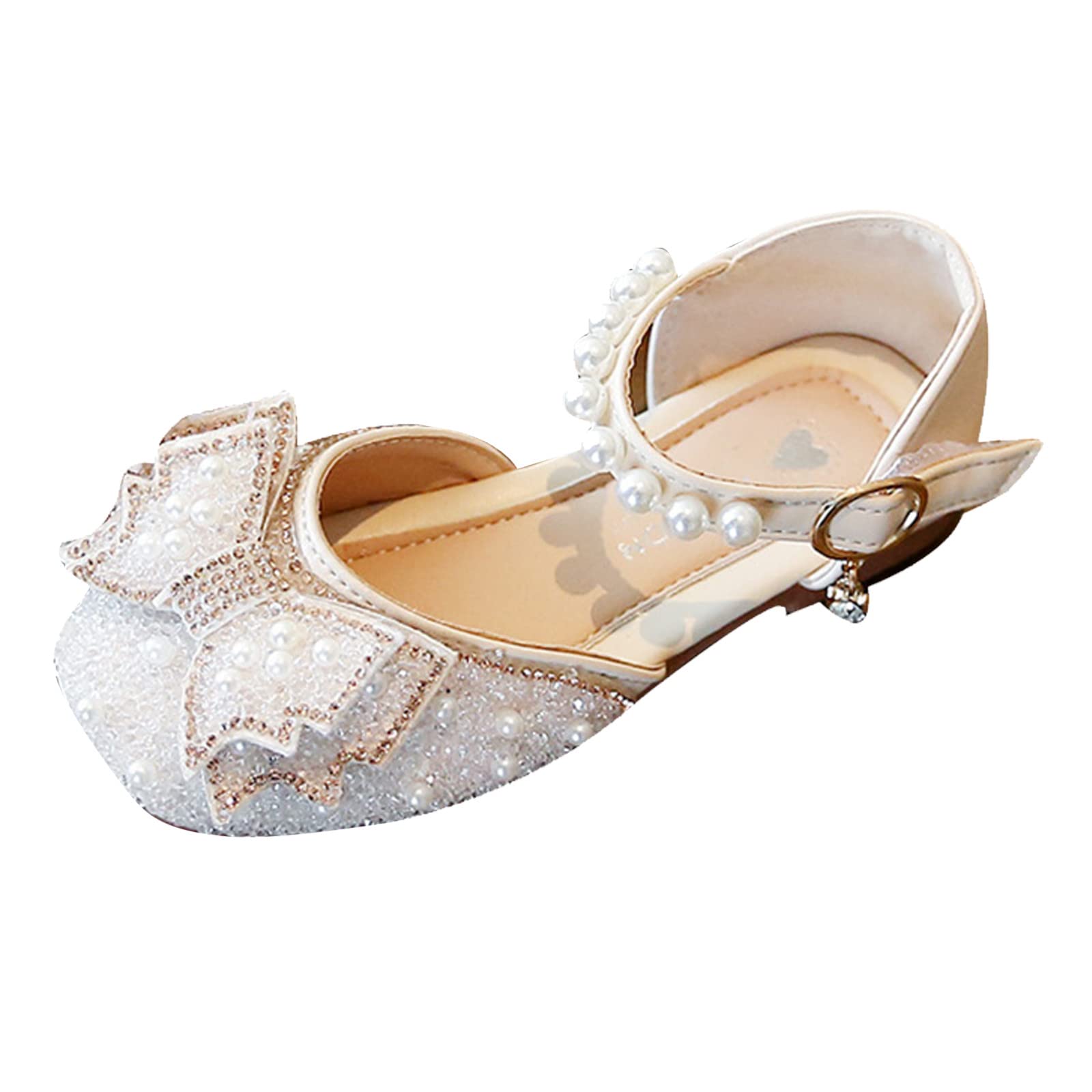 EnJoCho Girls' Crystal Bowknot Dance Sandals - Sparkling Pearl Bling Baby Shoes for Ballet, Party & Dress Up (Beige, Size 4 Years) | Perfect for Toddler Dance Class, Princess Costumes & Special Occasions