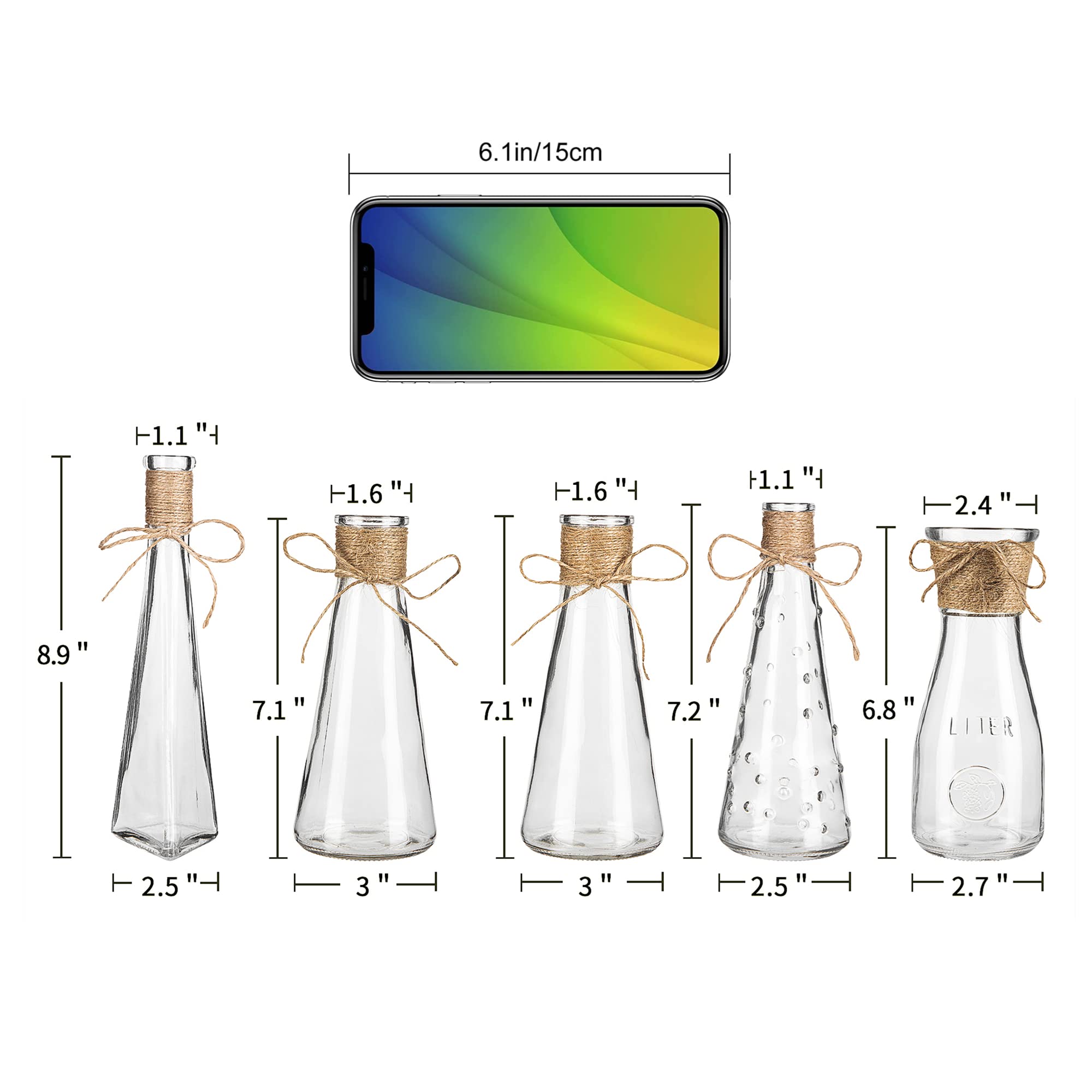 10 Pack Small Clear Glass Vases with Rope Design - Unique Shapes Flower Vases for Home Decor, Wedding Centerpieces, Holiday Table Decorations & DIY Floral Arrangements