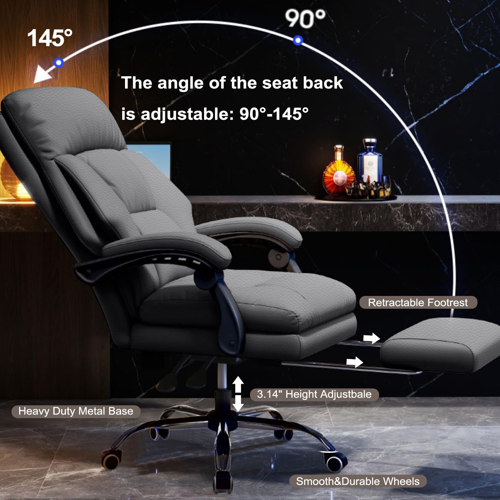 Premium Executive Office Chair with Adjustable Footrest - High Back Ergonomic Computer & Gaming Chair - PU Leather Home Office Desk Chair for Big and Tall - Grey - Perfect for Long Work Hours & Gaming Sessions