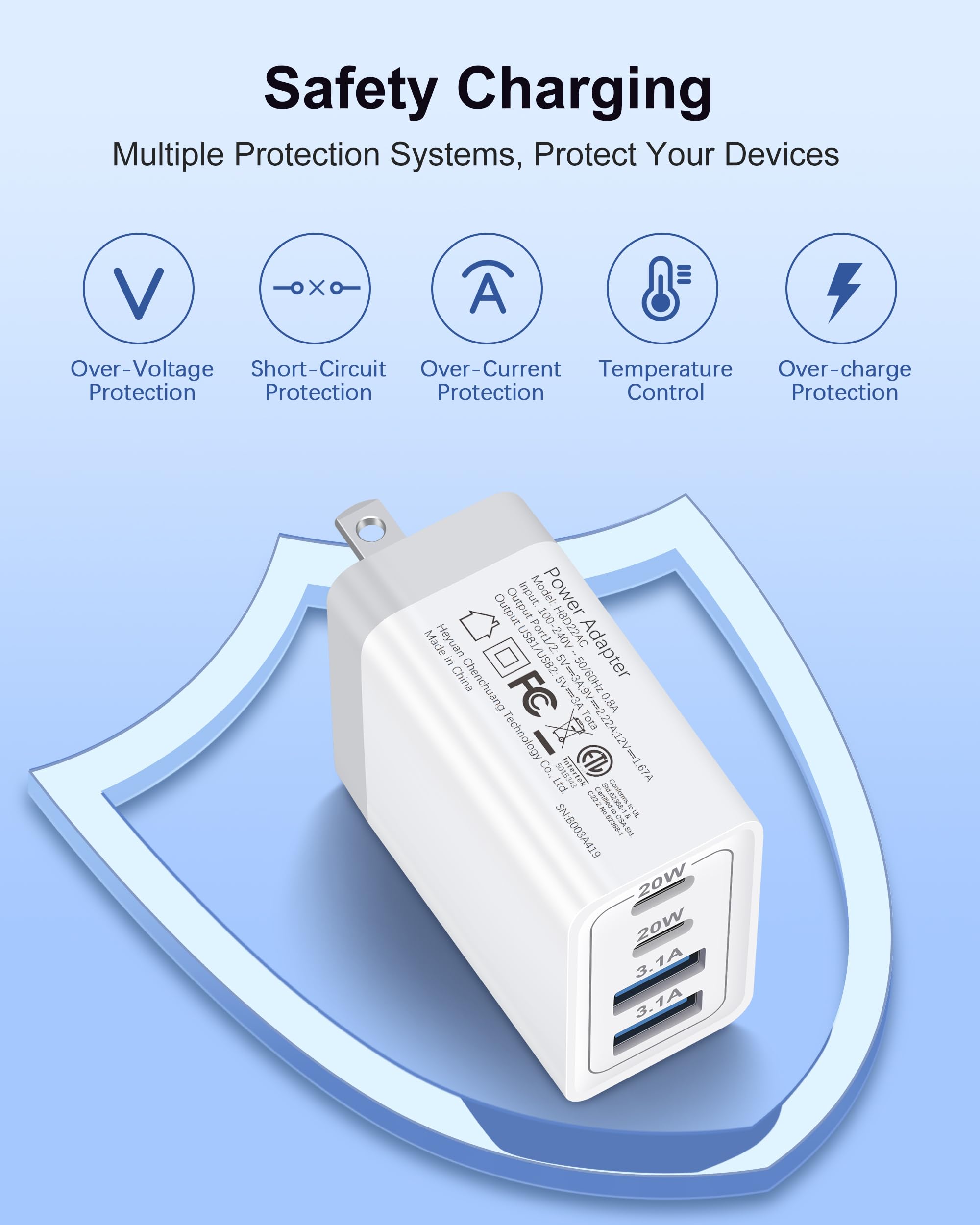 40W 4-Port USB C Wall Charger with PD Fast Charging - Dual USB-C & 2 USB Ports for iPhone 15/14/13/12/11 Pro Max, iPad, Google Pixel 9/8/7, Samsung Galaxy - Perfect for Home, Office & Travel Charging Multiple Devices Simultaneously