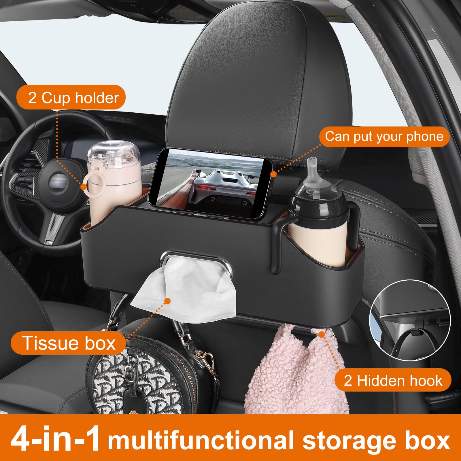 Universal Car Rear Backseat Organizer - Multi-Functional Drink Cup Holder with Tissue Storage Box & Hooks for Seat Back (Black) - Perfect for Road Trips, Family Travel & Daily Commute