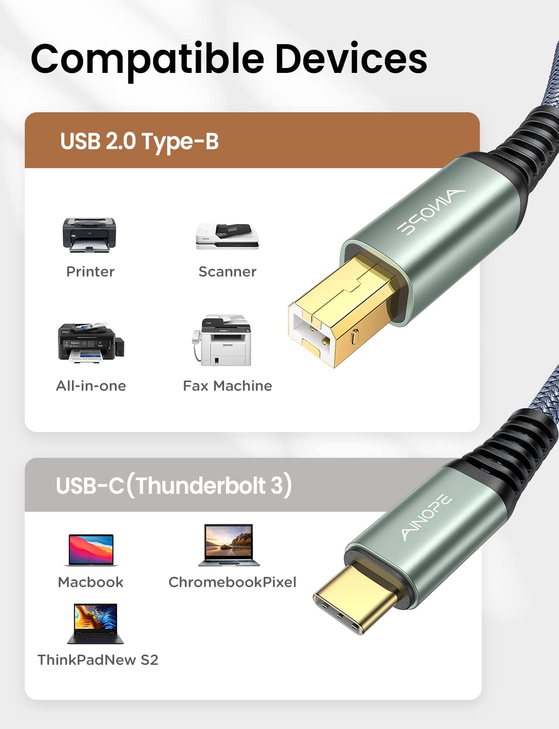 AINOPE 10FT USB B to USB C Printer Cable - Gold Plated Nylon Braided Cord for HP Brother Canon Printers, Yamaha Casio Digital Pianos - Fast Charging & Data Transfer for Home Office & Studio Use