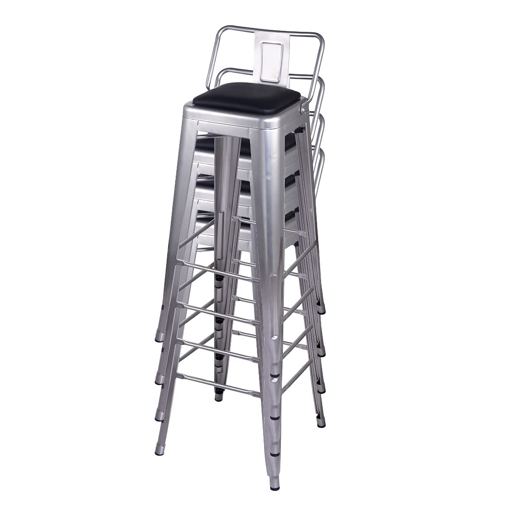 GIA 30-Inch Bar Height Metal Stool Chair with Vegan Leather Seat - Silver (Set of 6) - Perfect for Kitchen Island, Home Bar, and Breakfast Nook Seating