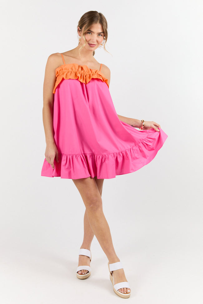 Pink and Orange Ruffle Detail Two Tone Mini Dress - Women's Party Cocktail Dress for Summer, Date Night & Special Occasions