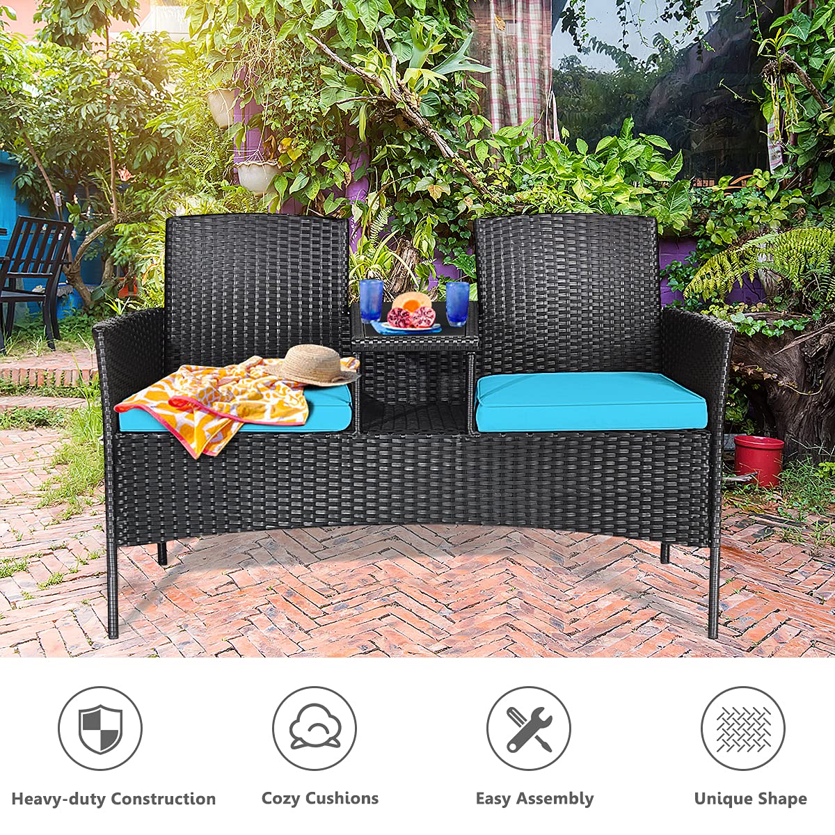 Modern Outdoor Rattan Loveseat Sofa Set with Cushions & Coffee Table - Patio Conversation Furniture with Tempered Glass Top - Perfect for Garden, Lawn, Backyard & Poolside Relaxation (Turquoise)