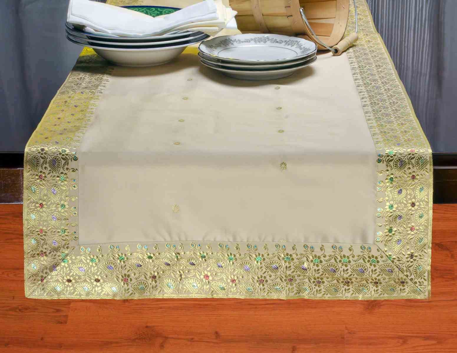 Elegant Gold Handmade Indian Table Runner for Weddings, Parties & Special Events | Silk Sari Fabric with Golden Borders - 18x108 Inches | Perfect for Wedding Receptions, Dining Table Decor & Home Decoration