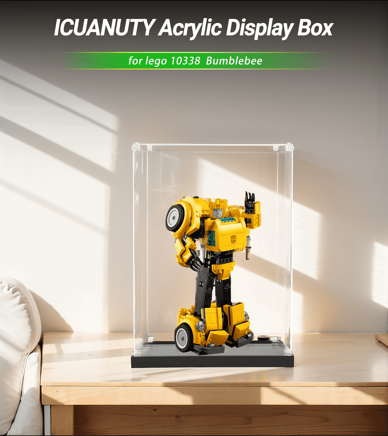 LEGO Icons Bumblebee 10338 Display Case - Clear Acrylic Protection for Collectible Models - Perfect for Showcasing on Shelves, Desks, or in Collections