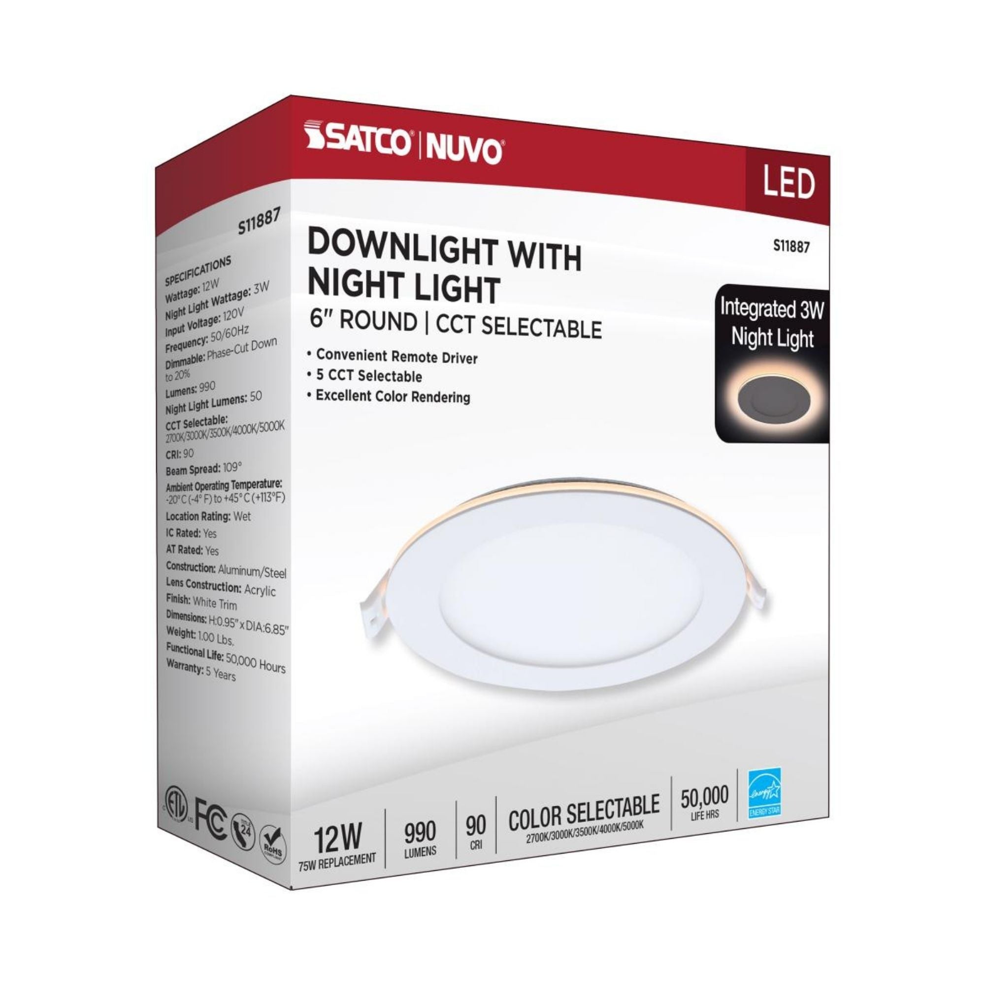 6 Inch LED Recessed Downlight with Night Light - 1000 Lumens, Adjustable Color Temperature (2700K-5000K), White Round Trim - Perfect for Bedrooms, Kitchens, and Hallways