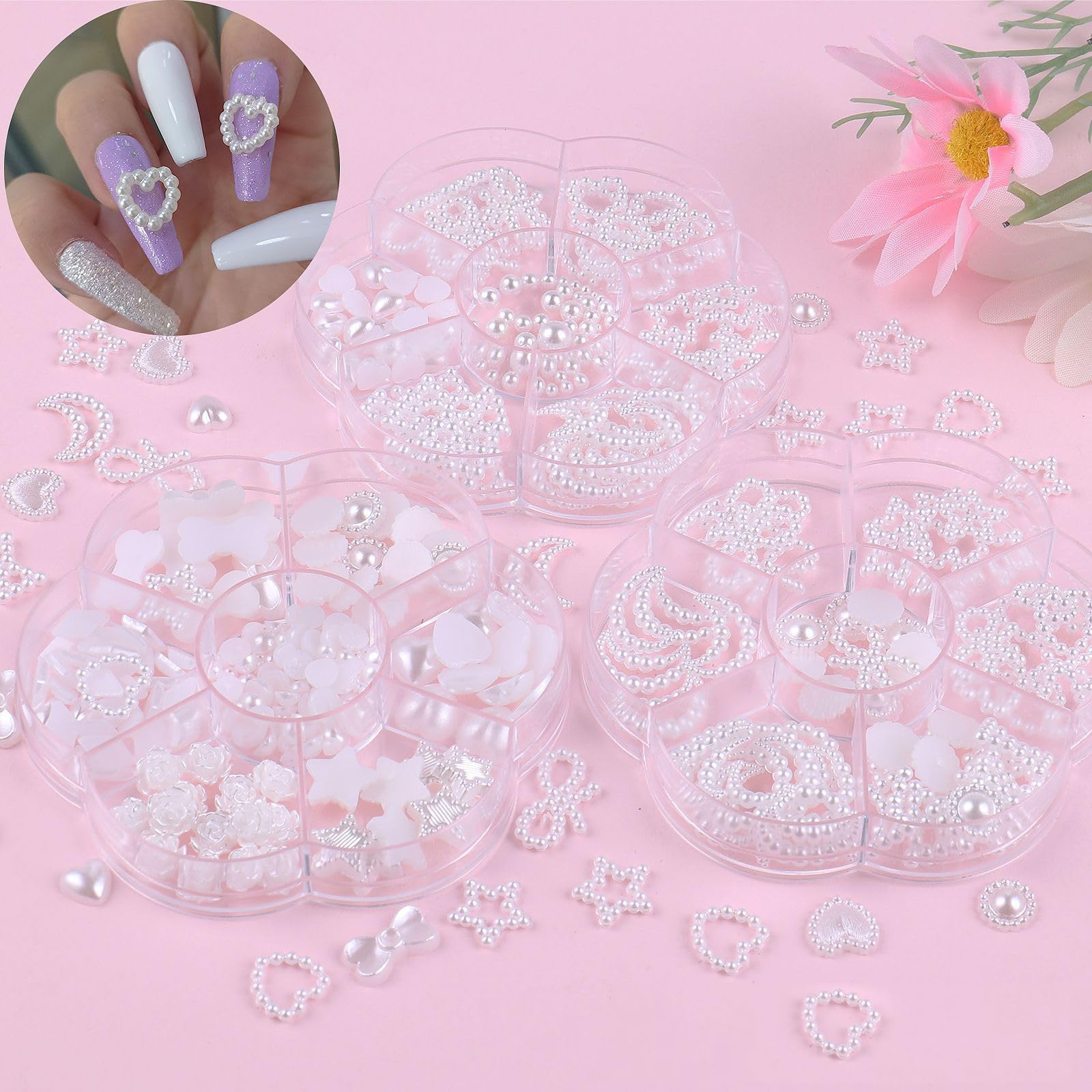 200 Pcs/Set 3D Multi-Shaped Nail Charms Flatback Pearls - White Heart Star Moon Rhinestone Gems for Nail Art, DIY Crafts & Decoration | Perfect for Nail Salons, Home Manicures & Gift Giving