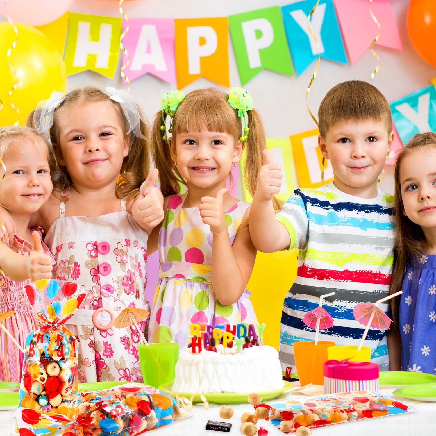 Blulu 100-Pack Colorful Birthday Cellophane Gift Bags with Silver Twist Ties - Party Favors for Weddings, Baby Showers & Birthday Celebrations - Perfect for Candy, Treats & Small Gifts