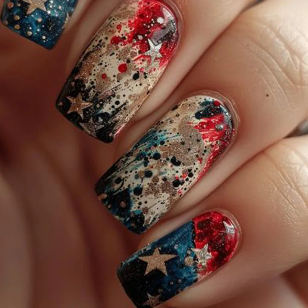 24Pcs Colorful Starry Sky Press on Nails - Full Cover Square Fake Nails with Dreamy Moon & Meteor Designs | Detachable Nail Tips for Women | Perfect for Parties, Date Nights & Special Occasions