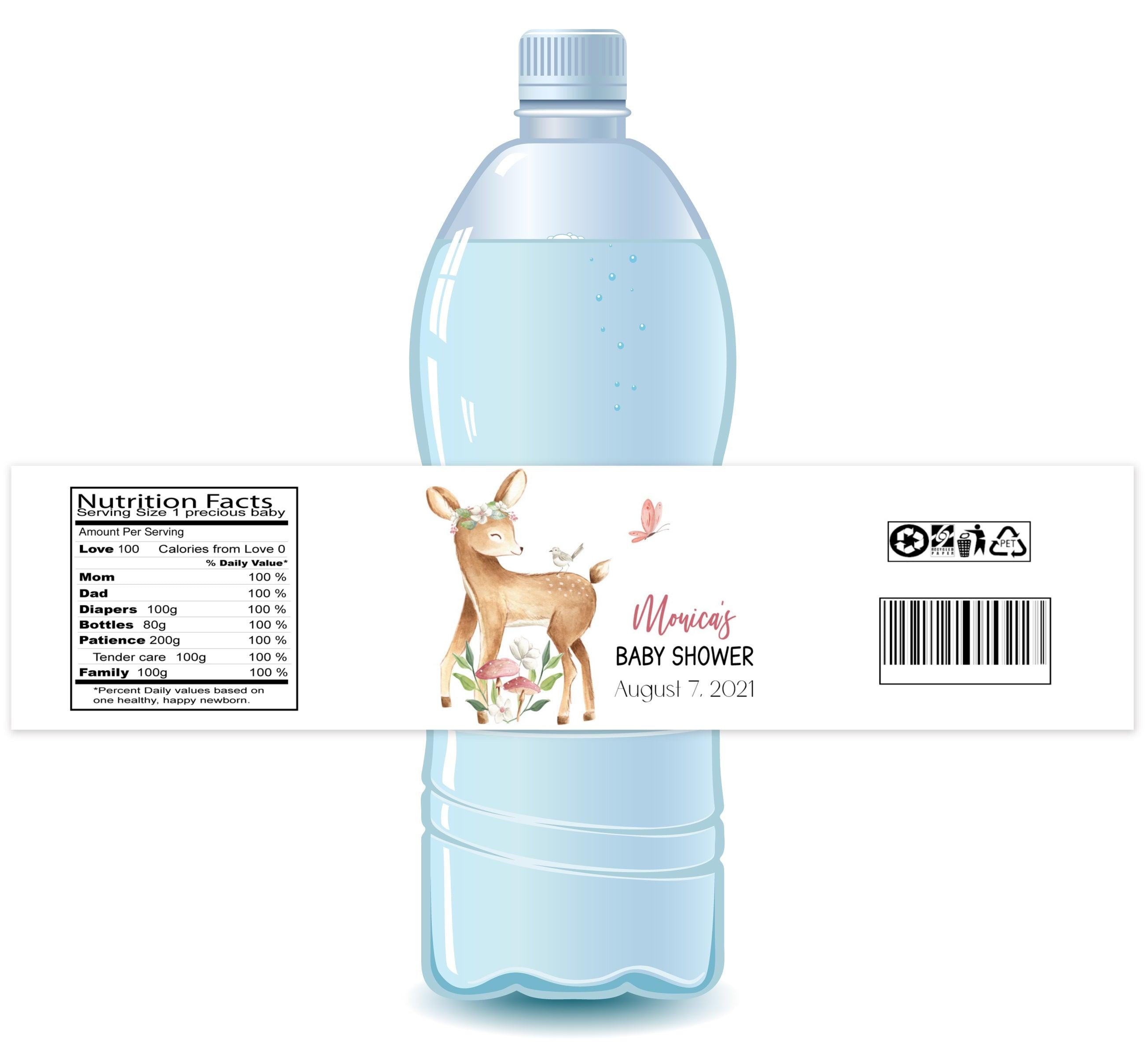 Deer Themed Baby Girl Water Bottle Labels - Cute Personalized Name Stickers for Kids' Bottles, Perfect for Daycare, School & Parties