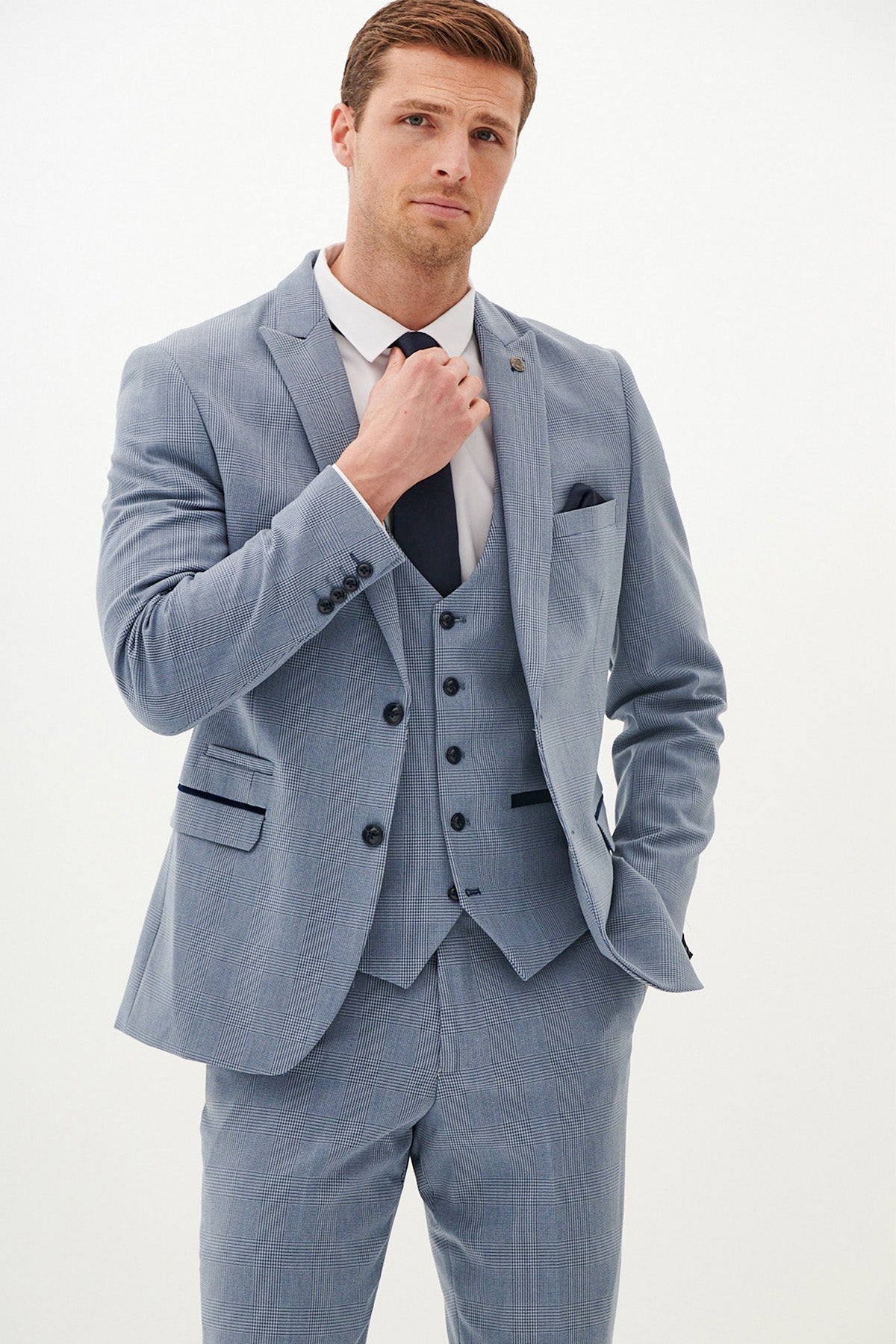 BROMLEY Sky Blue Check Three Piece Suit for Men - Classic Formal Business Attire | Perfect for Weddings, Office Meetings & Special Events